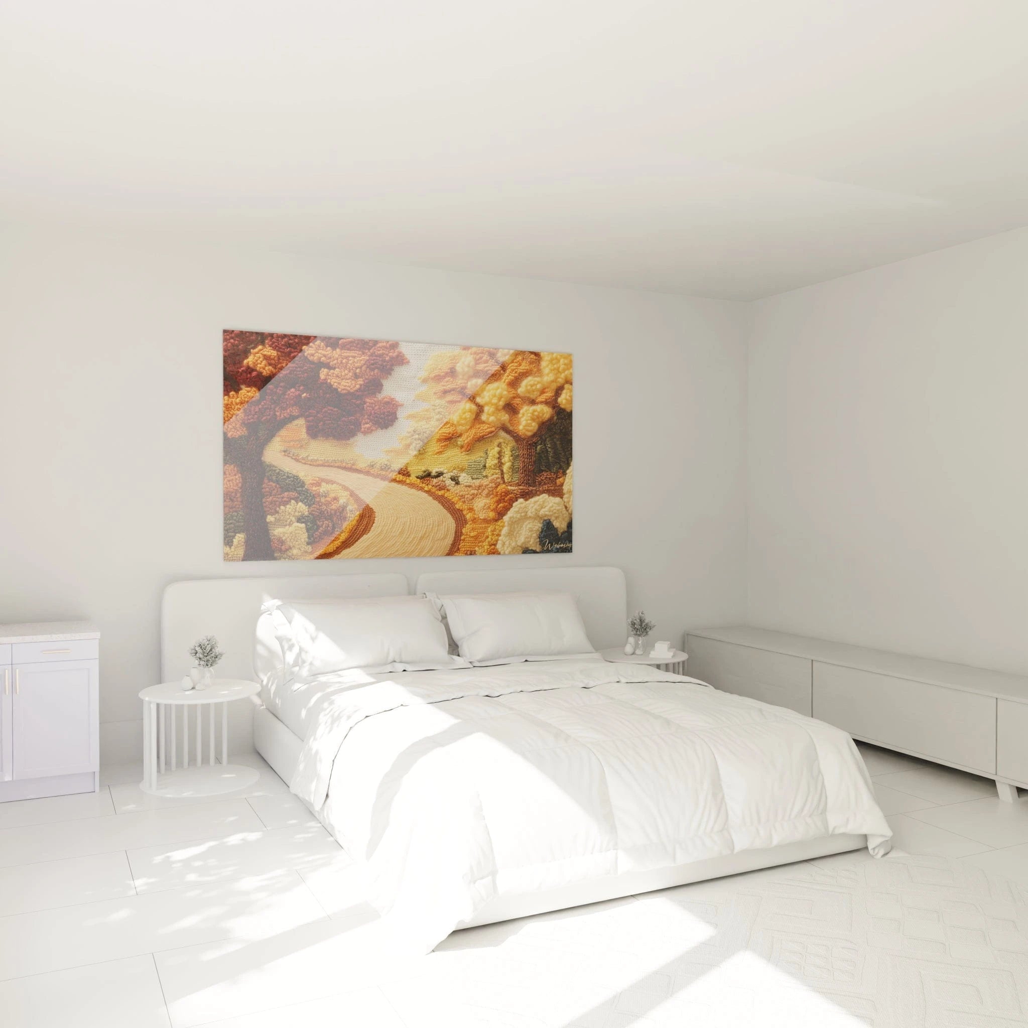 Un tableau chemin automnal en crochet montrant un sentier clair serpentant entre des arbres aux feuillages rouges et orangés, avec des textures en relief marquées, des contrastes prononcés et des détails minutieux dans les zones de végétation.