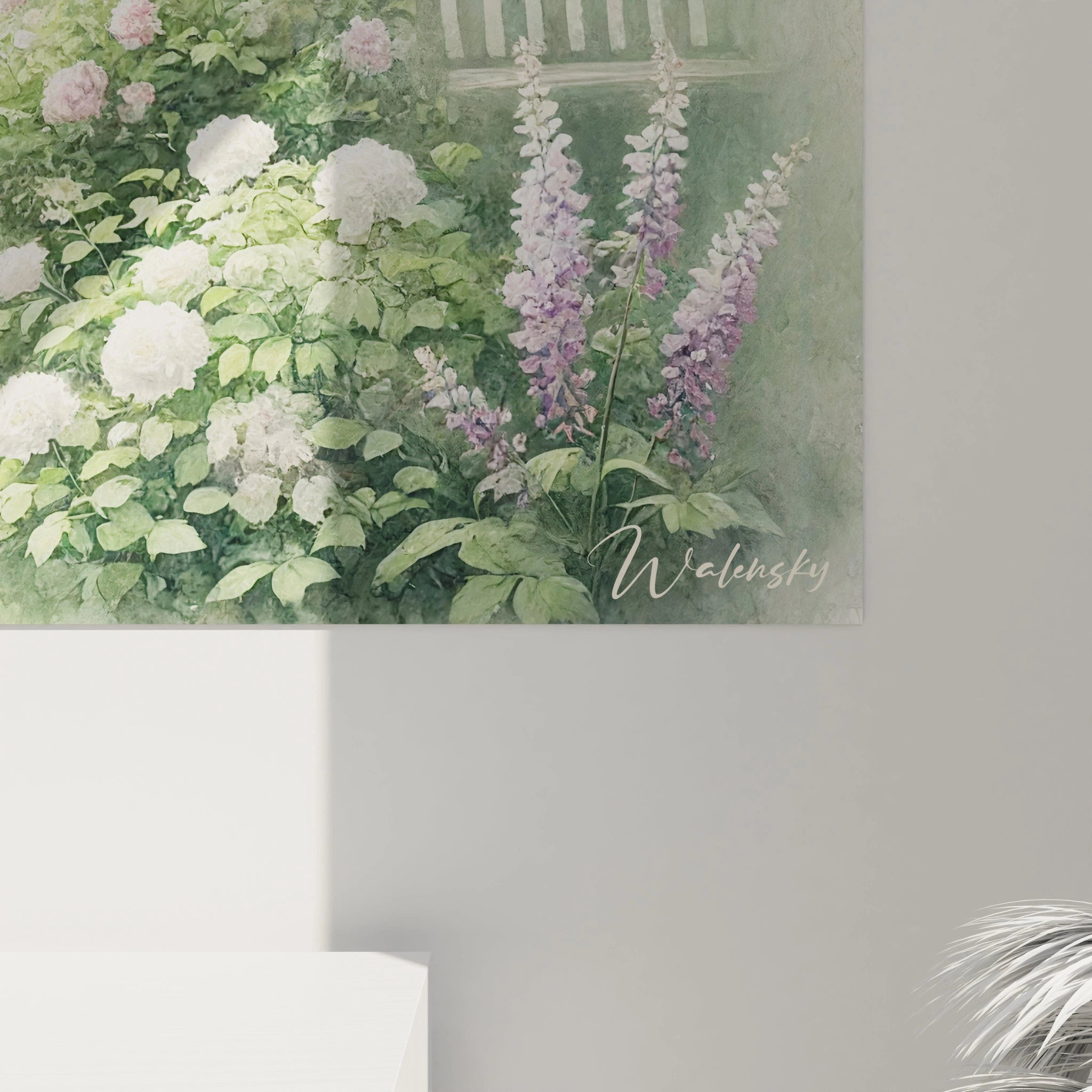 vue rapprochee du tableau Jardin mettant en valeur les details des fleurs et feuillages une ode realiste à la serenite d'un jardin en pleine floraison