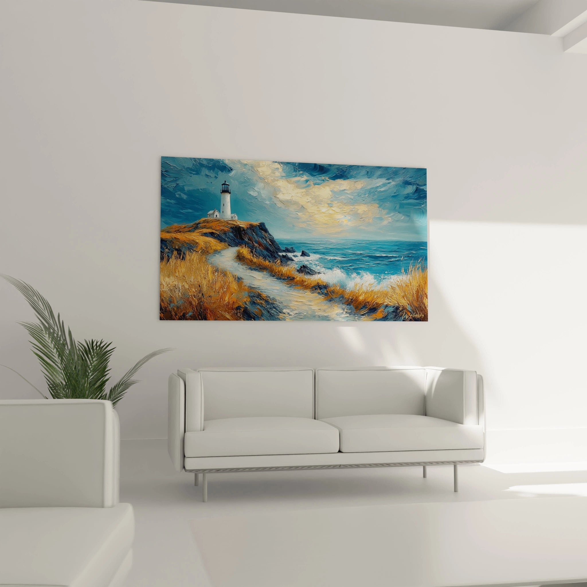 Tableau phare océanique capturant un édifice blanc lumineux sur un promontoire rocheux, avec une végétation dorée balayée par le vent, un océan turquoise en mouvement et une lumière dorée perçant à travers les nuages, aux textures riches créées par des empâtements.
