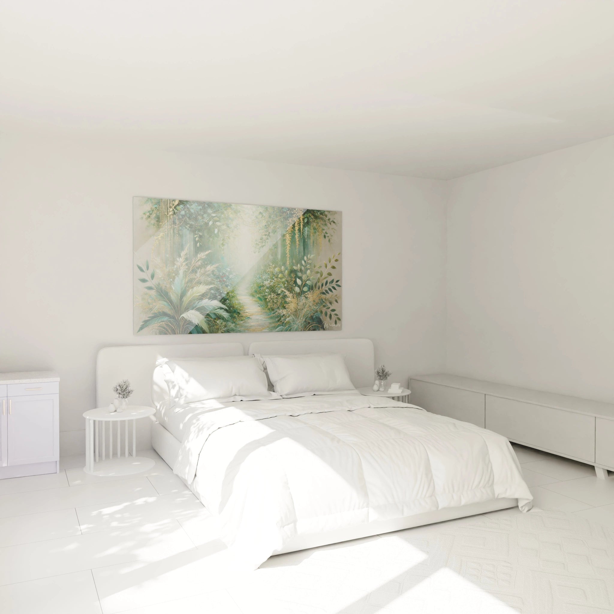 Accroché au-dessus du lit, ce tableau jungle transforme votre chambre en un havre de paix. L'éclat doré et les verts profonds créent une atmosphère apaisante et onirique.