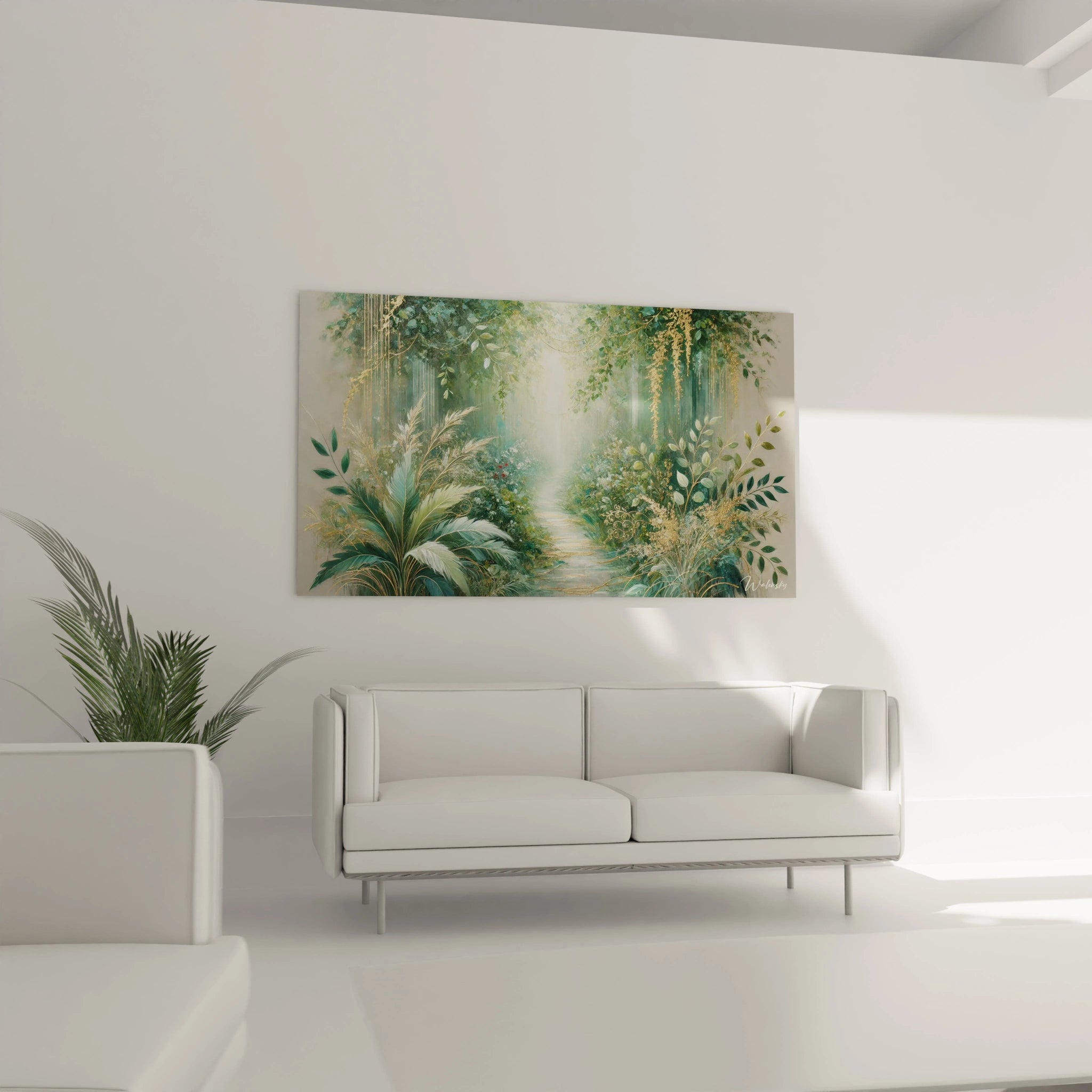 Dans le salon, ce tableau jungle devient la pièce maîtresse au-dessus du canapé. Son mélange de couleurs et de textures apporte une élégance naturelle et envoûtante à votre intérieur.