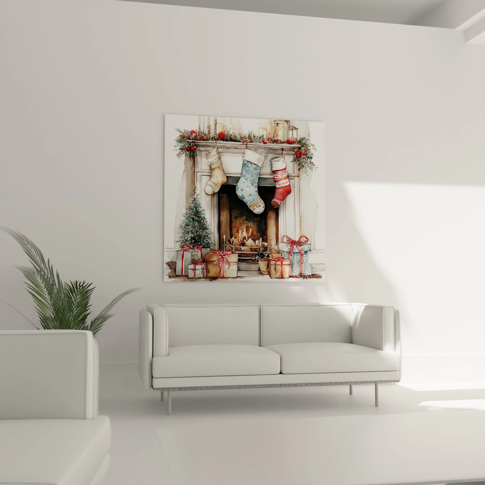 Tableau cheminée Noël haut de gamme avec des chaussettes et des décorations festives