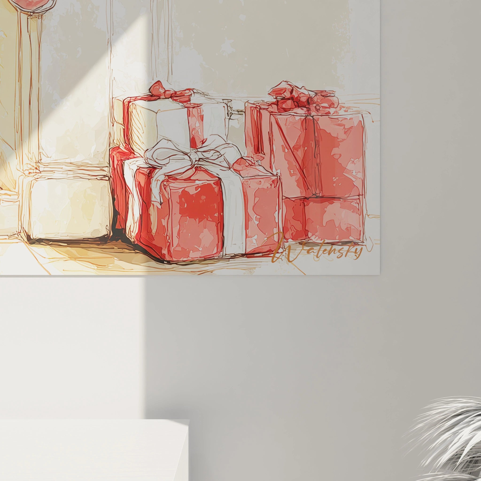 Tableau cheminée Noël avec des cadeaux rouges et blancs dans un décor chaleureux et festif
