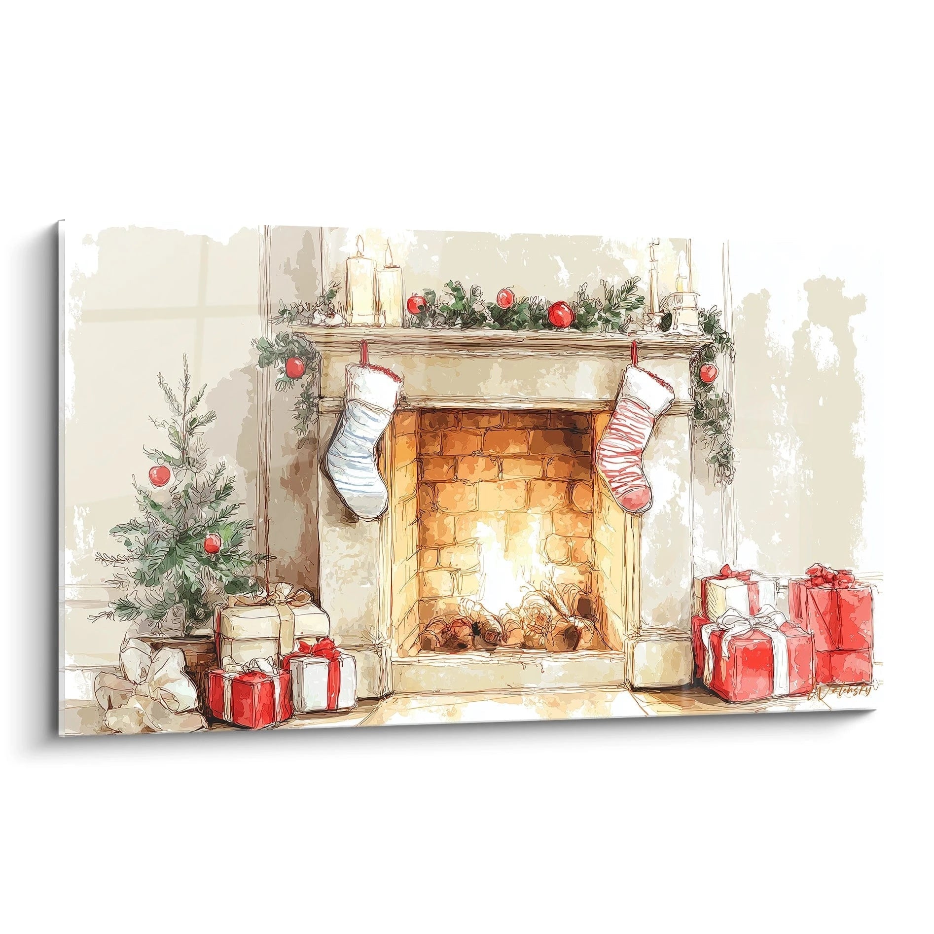 Tableau cheminée Noël décoratif avec un foyer chaleureux et des cadeaux de Noël colorés