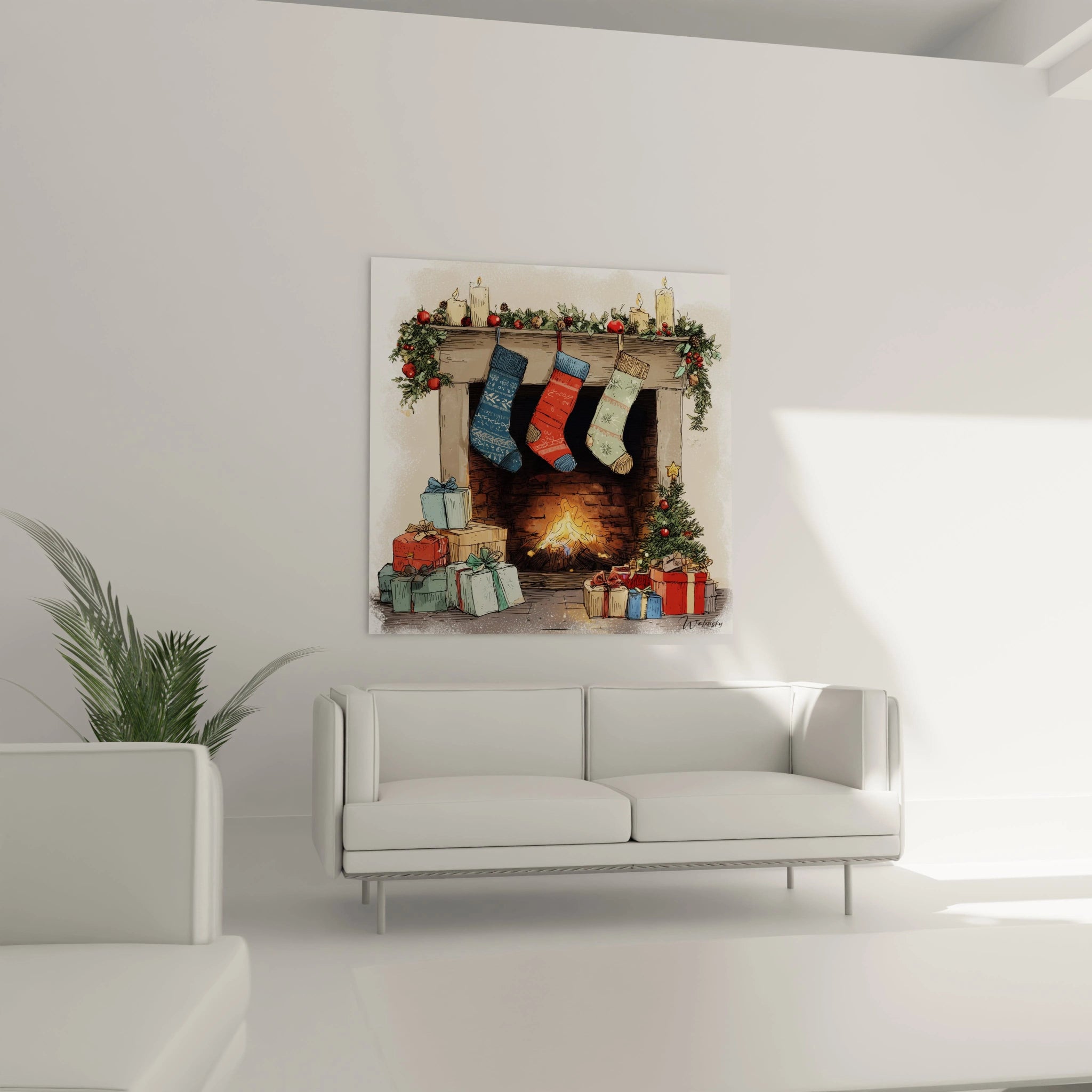Tableau cheminée Noël avec feu de cheminée et cadeaux festifs pour une ambiance chaleureuse
