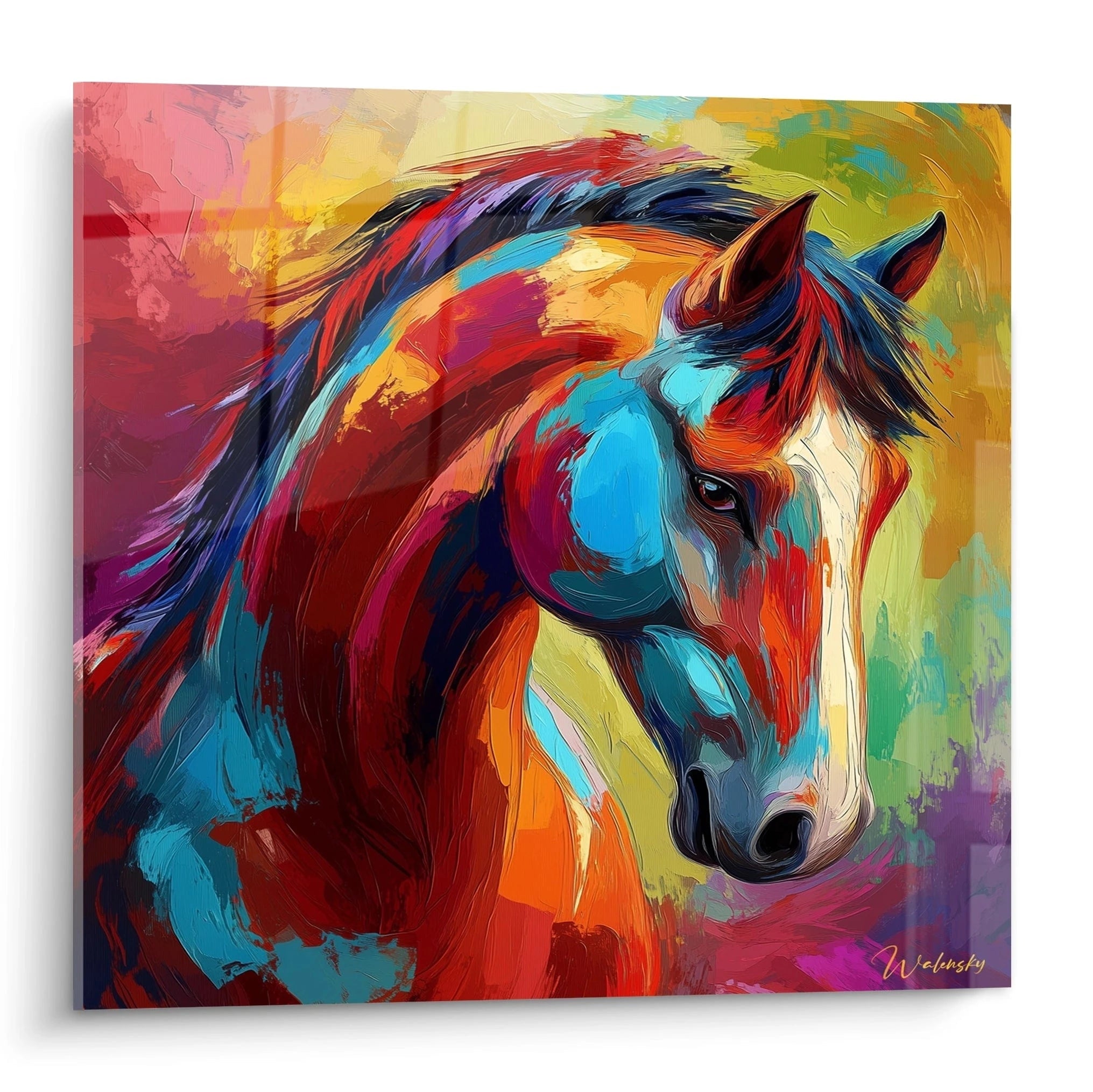 Tableau de cheval en couleurs vives de Walensky, mettant en vedette un cheval majestueux sur fond abstrait