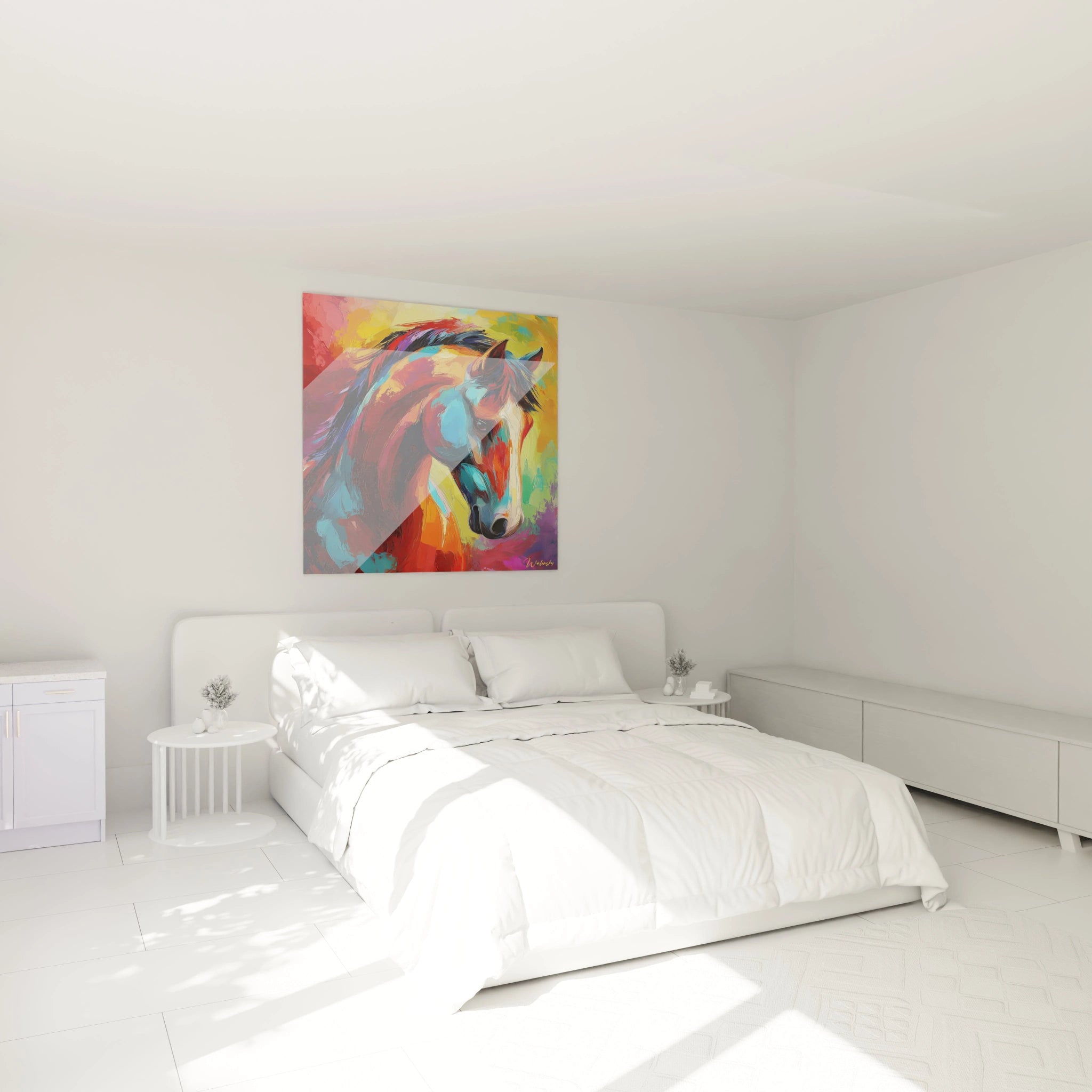 Tableau cheval Walensky en couleurs vives dans une chambre moderne et lumineuse