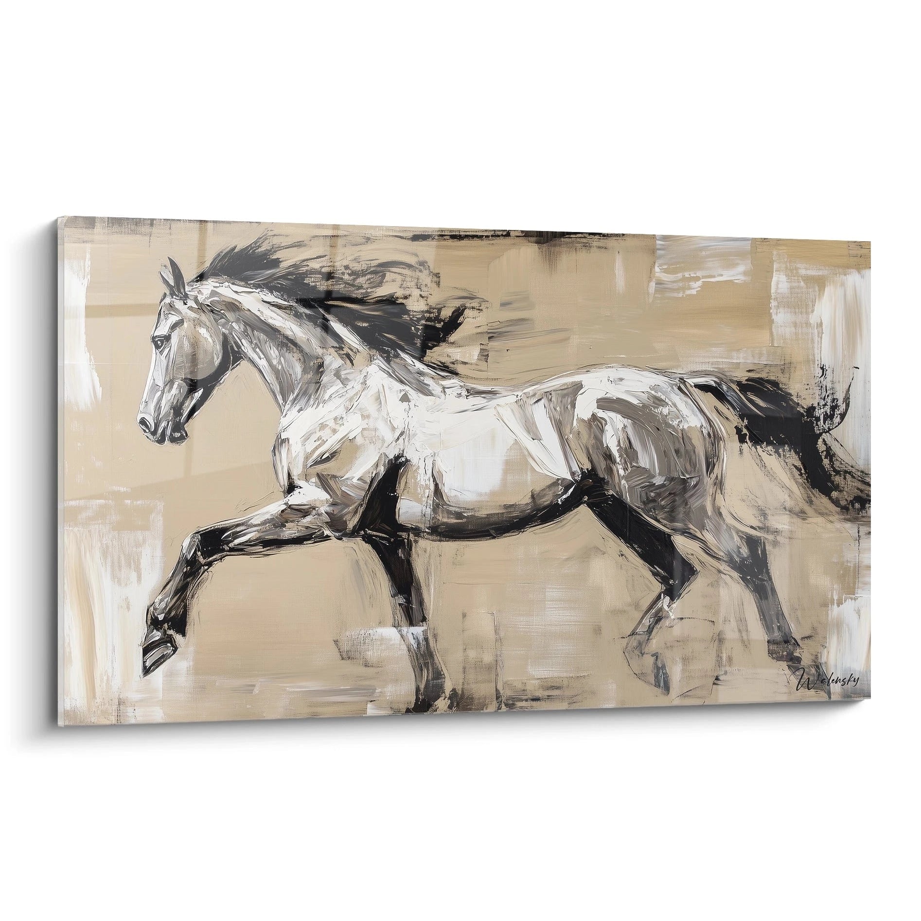 Tableau cheval en peinture acrylique de Walensky représentant un cheval au galop sur fond neutre