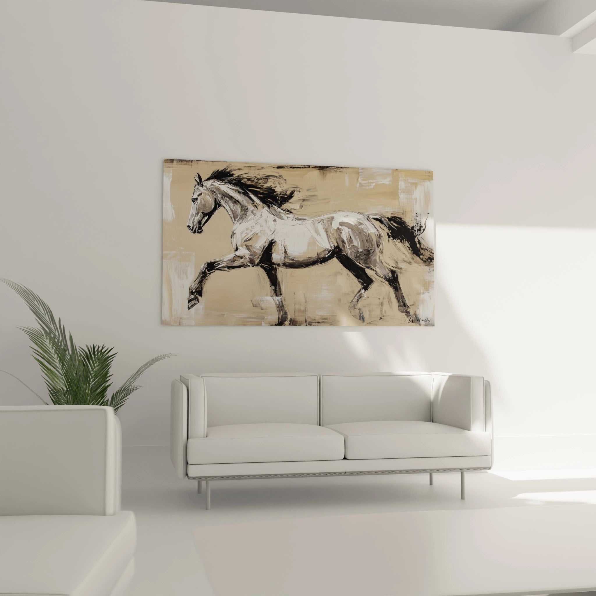 Tableau cheval Walensky représentant un cheval courant sur un fond beige, idéal pour la décoration intérieure