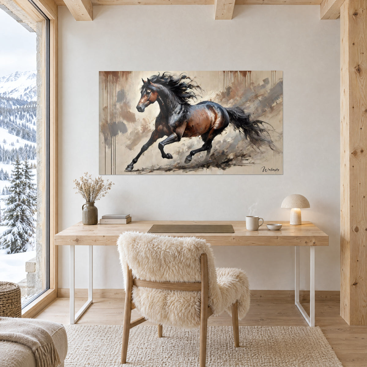 Gemälde dunkler Vollblüter im Sprung, braune Glanzlichter am Hals und sandfarbener Grund, an der Wand eines Büros aus hellem Holz