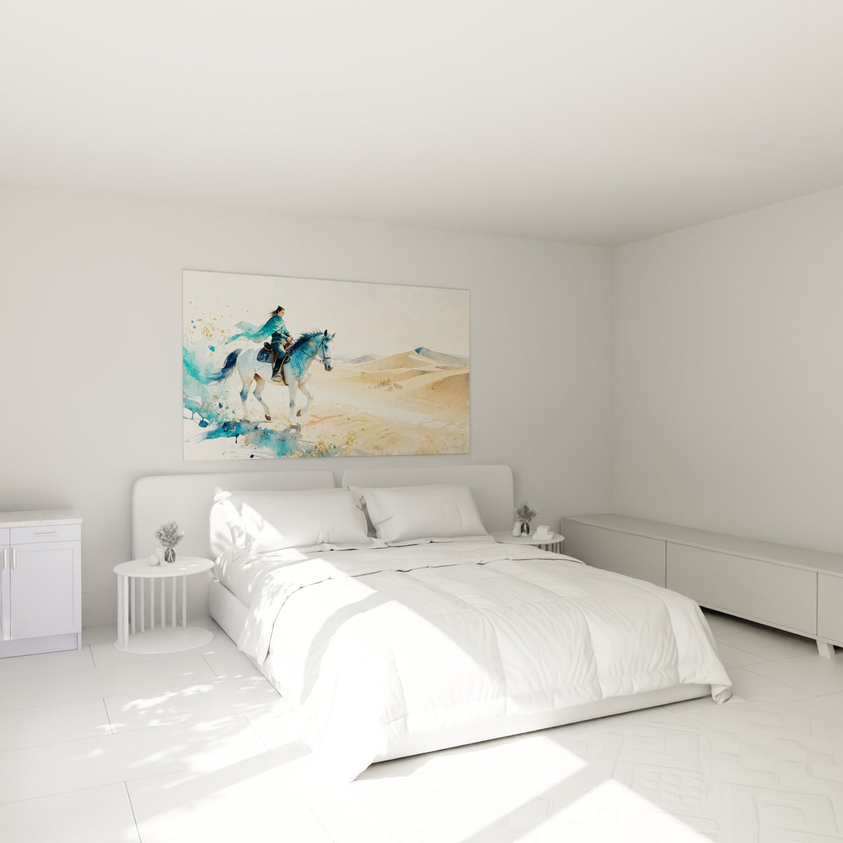 Cheval blanc et cavalier bleu traversant le désert, au-dessus d'un lit dans une chambre claire