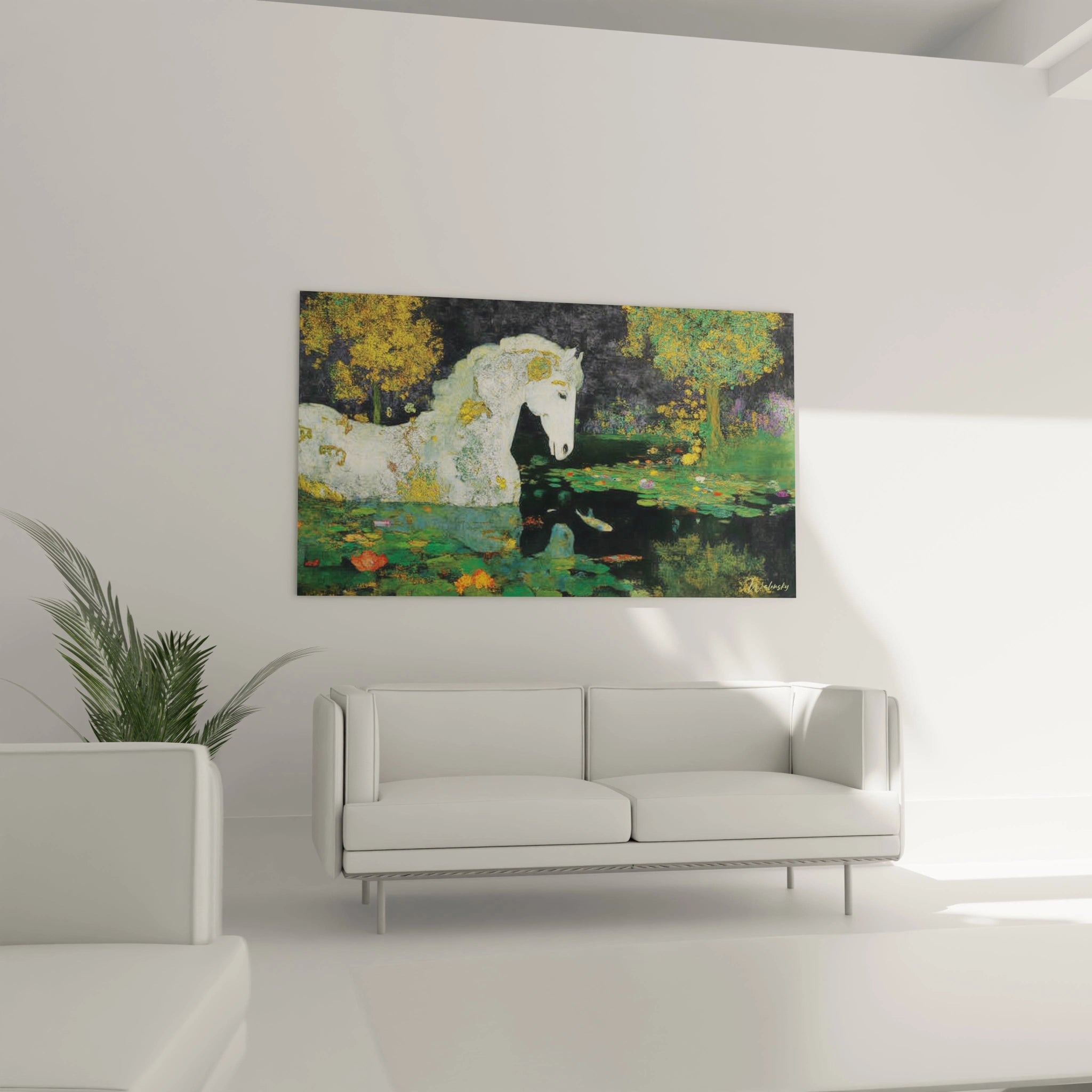 tableau cheval blanc symboliste Walensky accroché au dessus d un canapé blanc dans un salon minimaliste lumineux