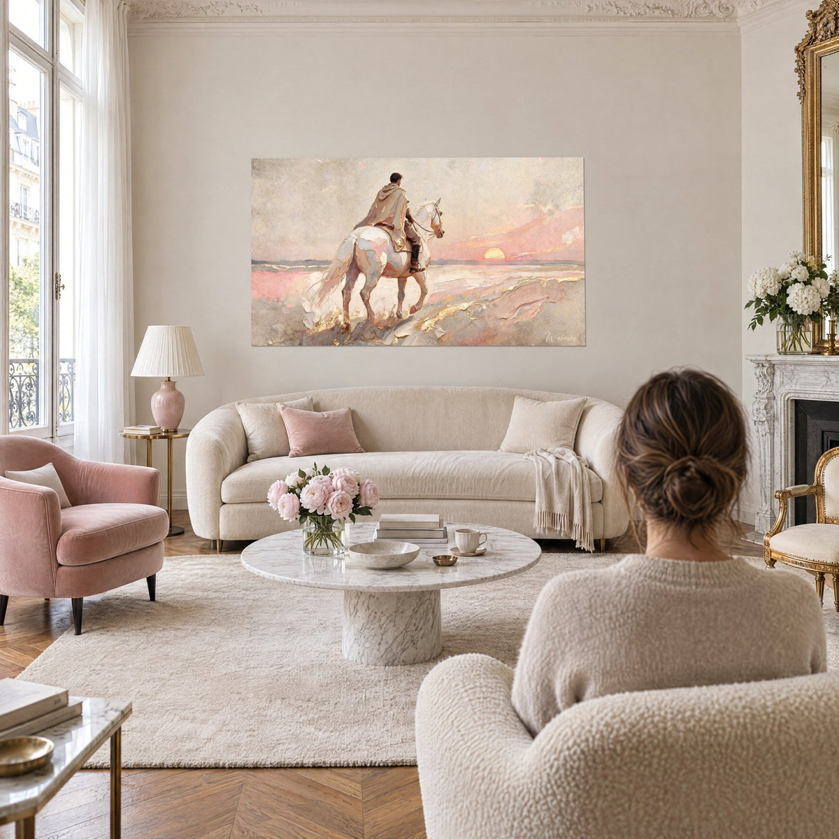 Tableau cavalier au manteau doré sur cheval blanc, ciel rose et soleil bas, au-dessus d'un canapé dans un salon lumineux