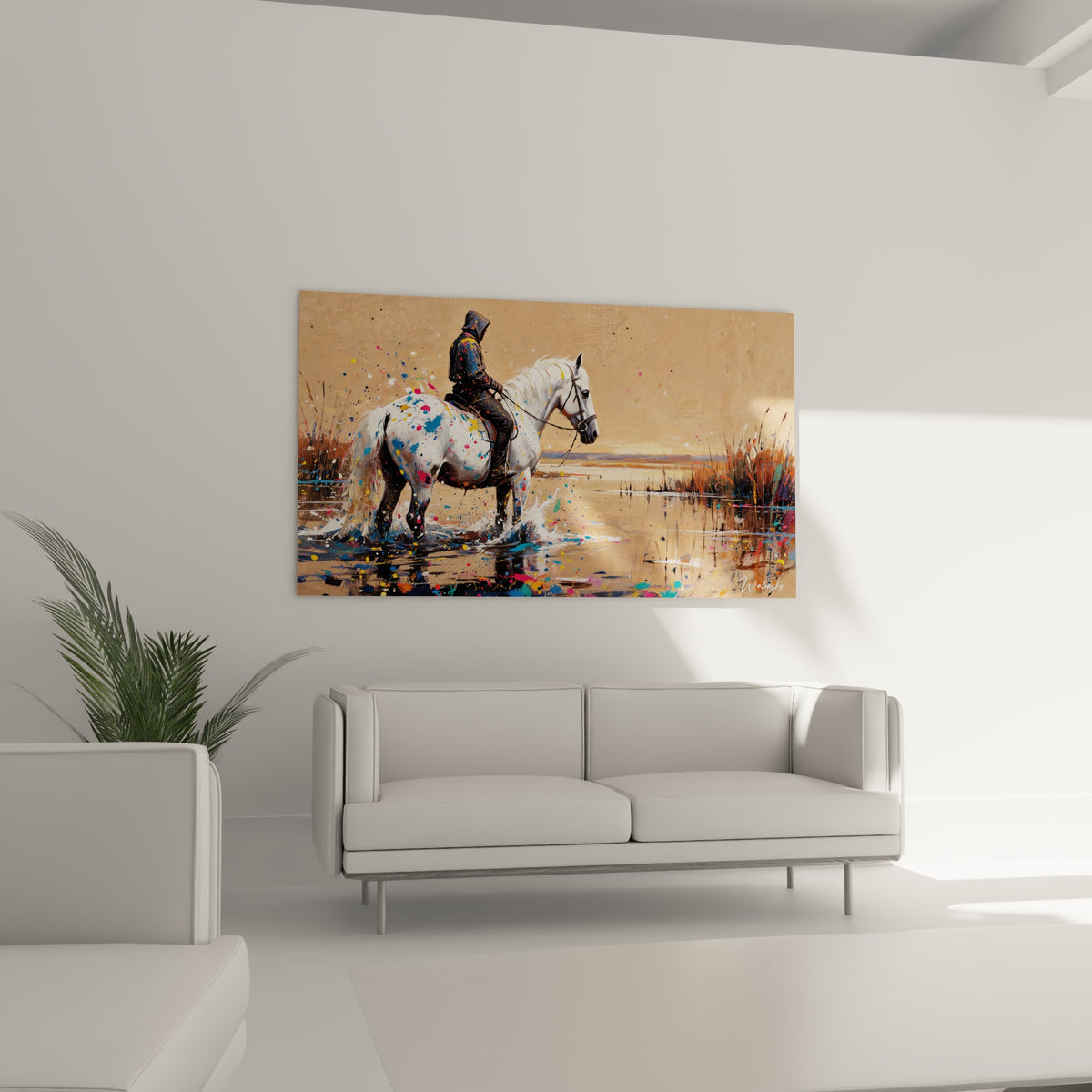 Cheval blanc et cavalier sombre dans un marais ocre, au-dessus d'un canapé dans un salon lumineux