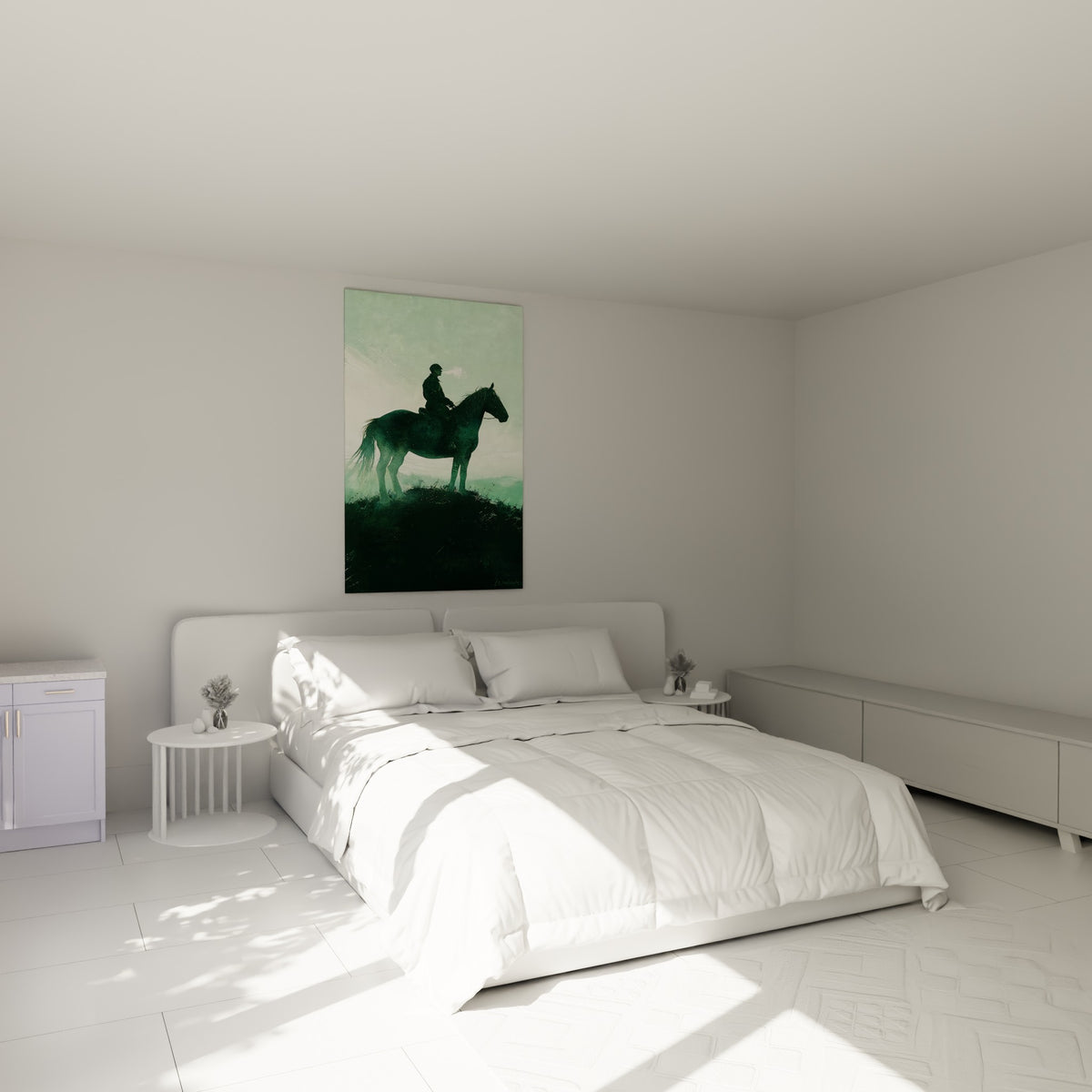 Silhouette du cheval et du cavalier en vert émeraude au-dessus d'un lit dans une chambre claire