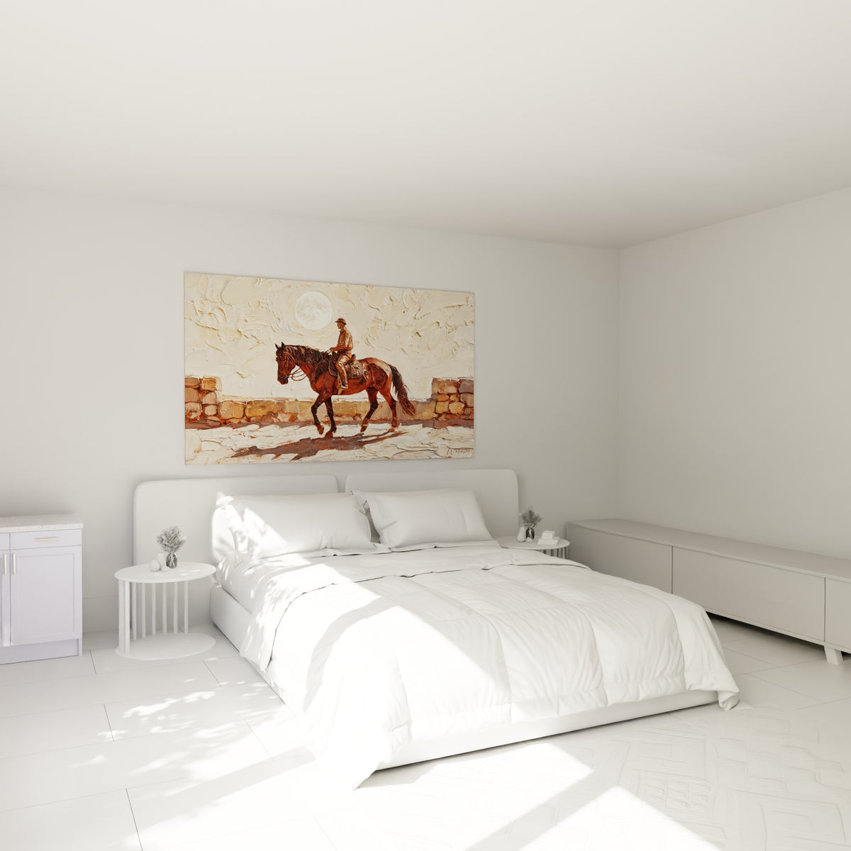 Cheval brun et cavalier ocre longeant un muret de pierre, au-dessus d'un lit dans une chambre claire
