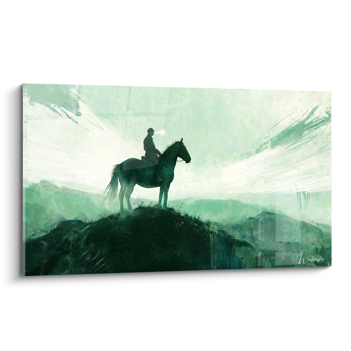 Cavalier silhouette anthracite sur cheval au souffle blanc, colline vert émeraude et ciel brumeux