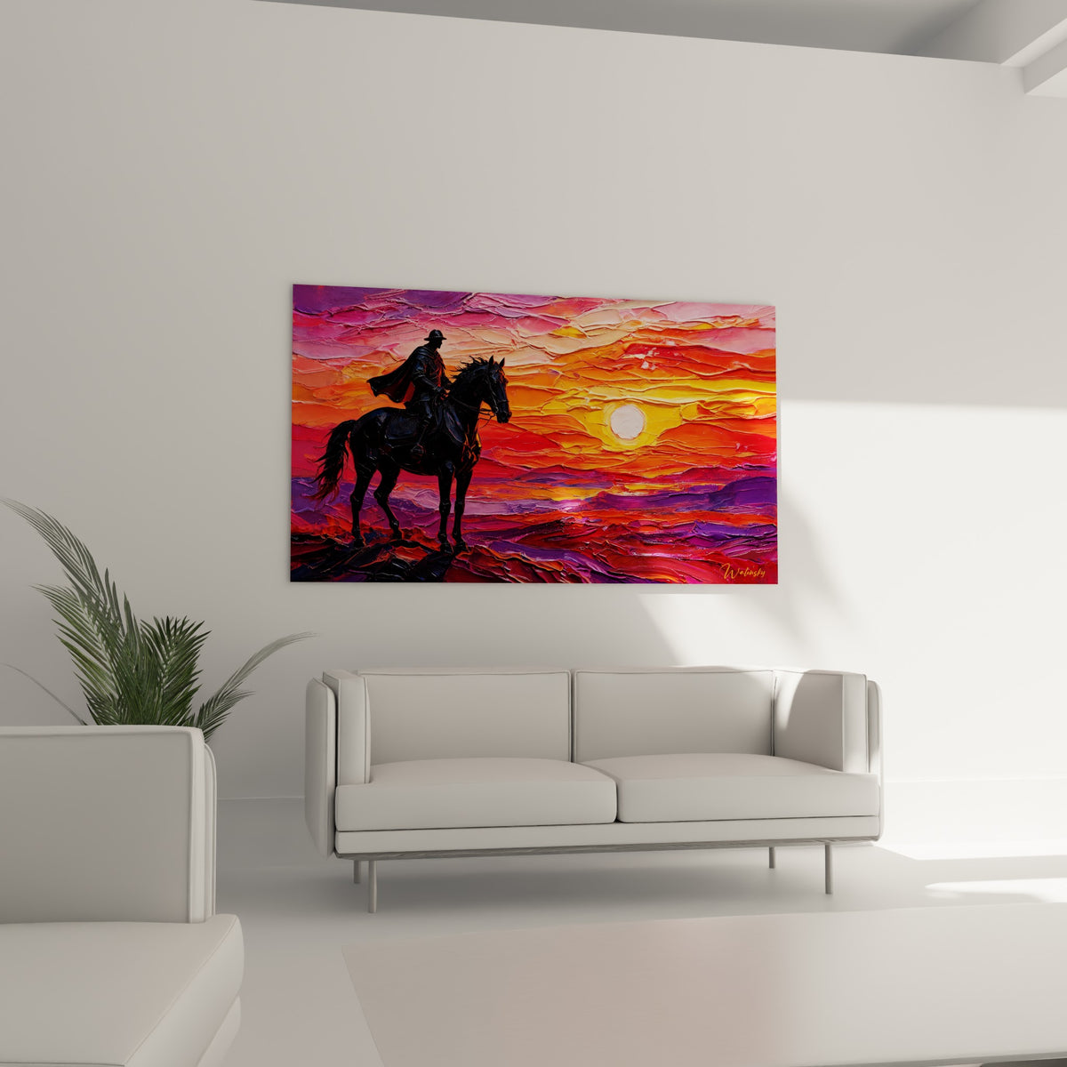 Silhouette équestre sur fond violet et doré, disposée au-dessus d'un canapé dans un salon lumineux