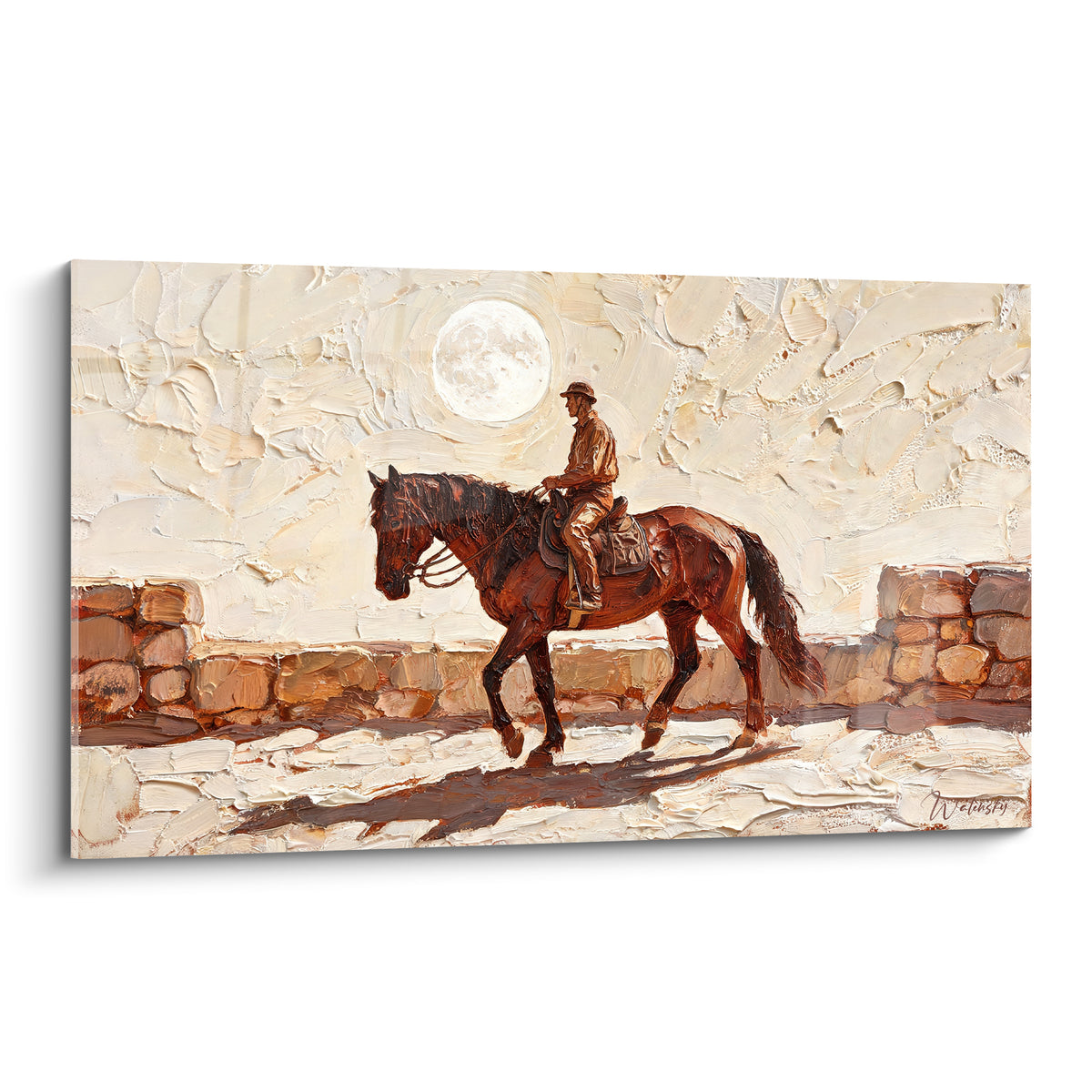 Cavalier brun sur cheval terracotta au pas, pleine lune ivoire, empâtements épais texturés