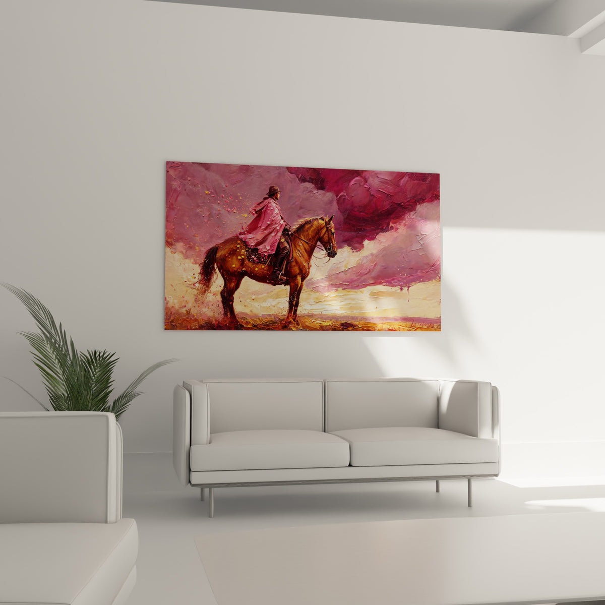 Cavalier au poncho rose éclaboussé et cheval fauve sous ciel pourpre, au-dessus d'un canapé dans un salon lumineux