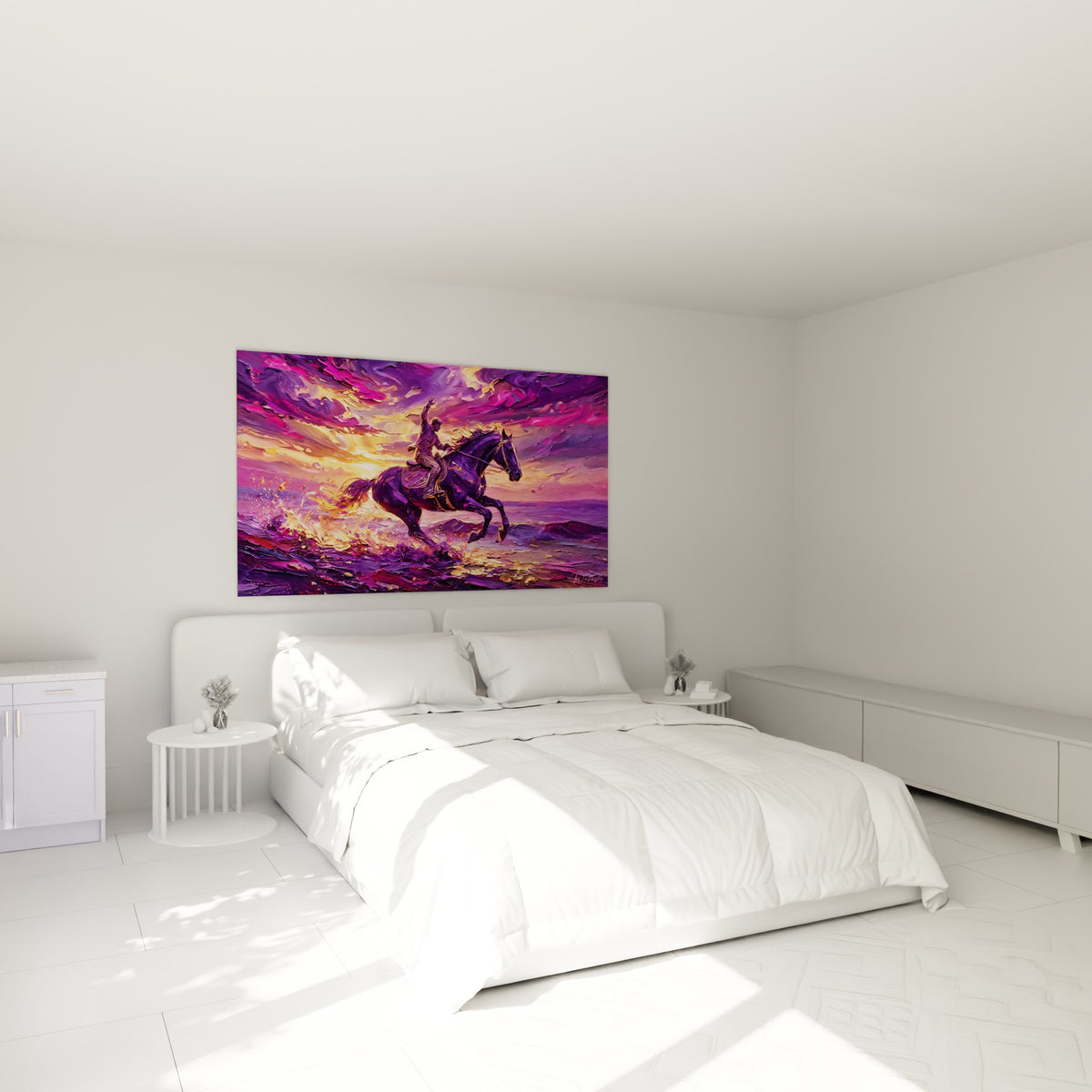 Monture noire fendant l'écume dorée sous un ciel magenta, au-dessus d'un lit dans une chambre claire
