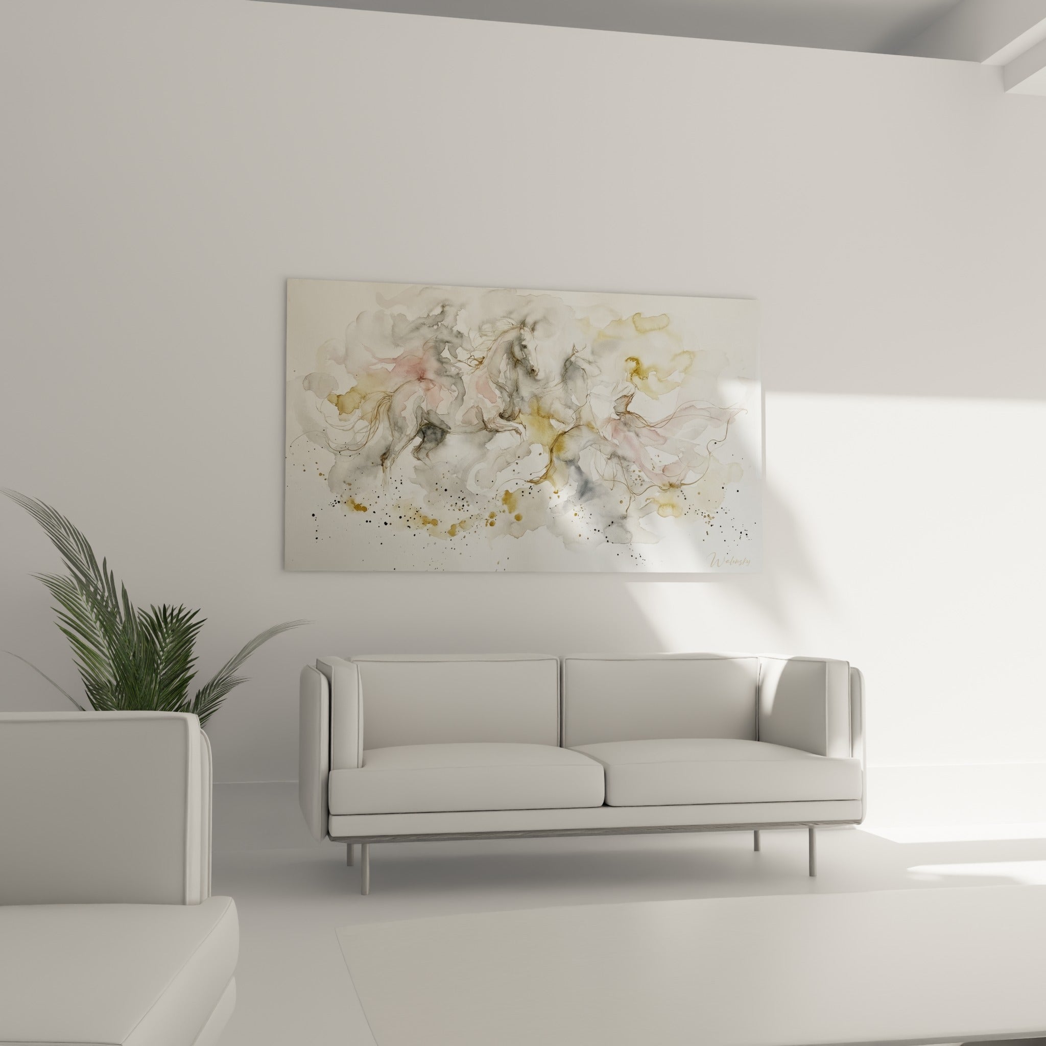 Chevaux dorés et gris esquissés à l'aquarelle au-dessus d'un canapé dans un salon lumineux