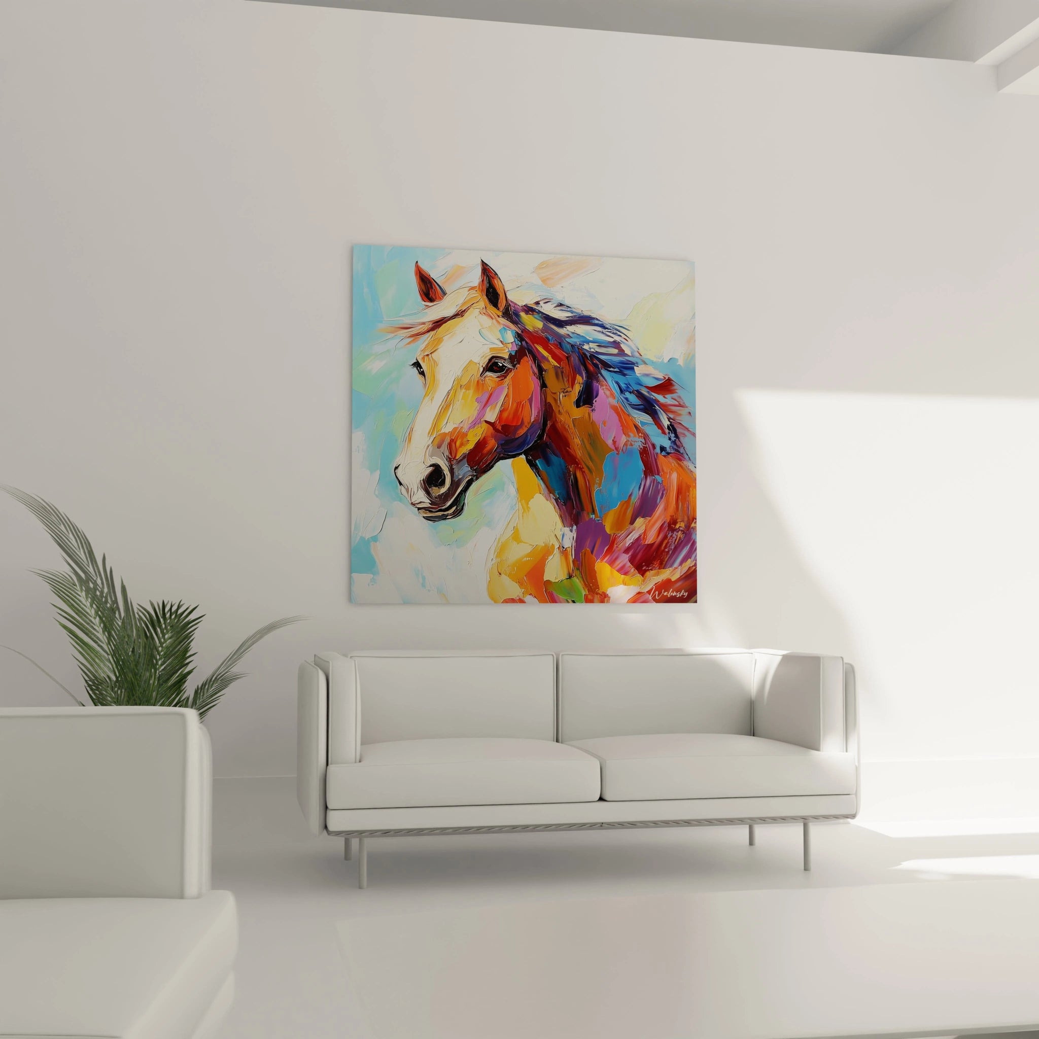 Tableau Walensky représentant un cheval coloré sur un mur blanc, parfait pour la décoration intérieure