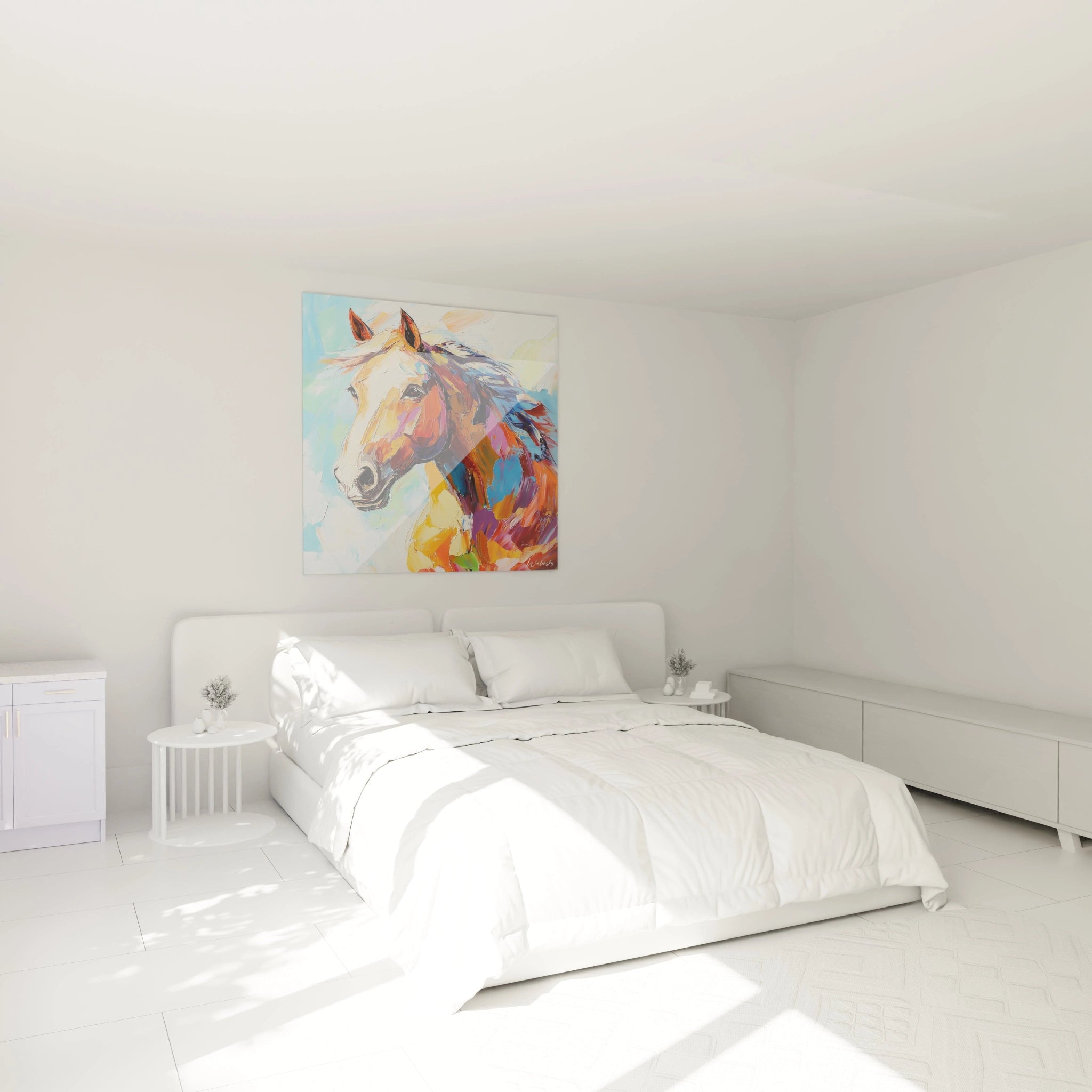 Tableau cheval coloré de Walensky accroché au mur d'une chambre moderne et lumineuse