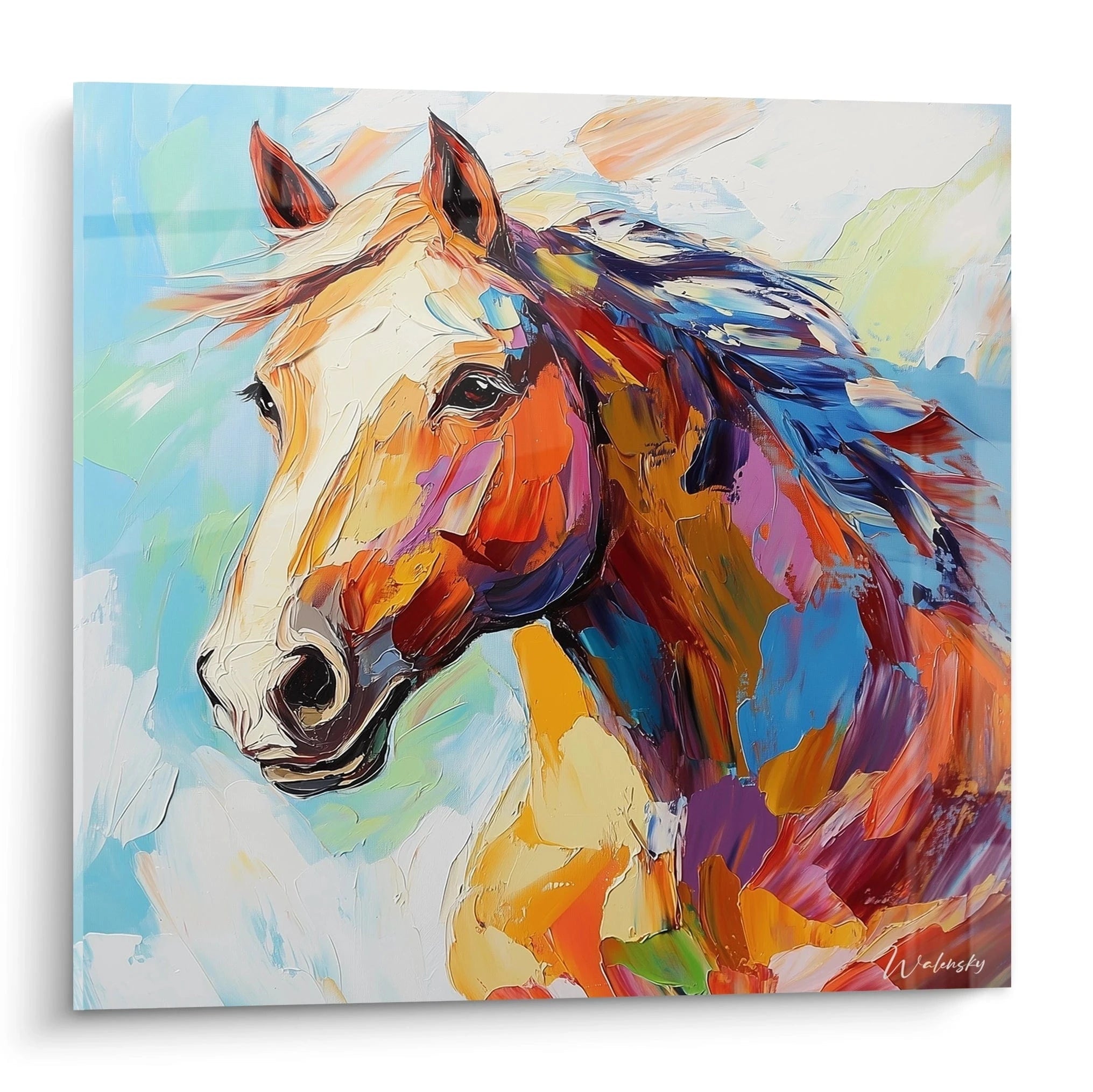 Tableau cheval en couleurs vives de Walensky, représentant la tête d'un cheval artistique