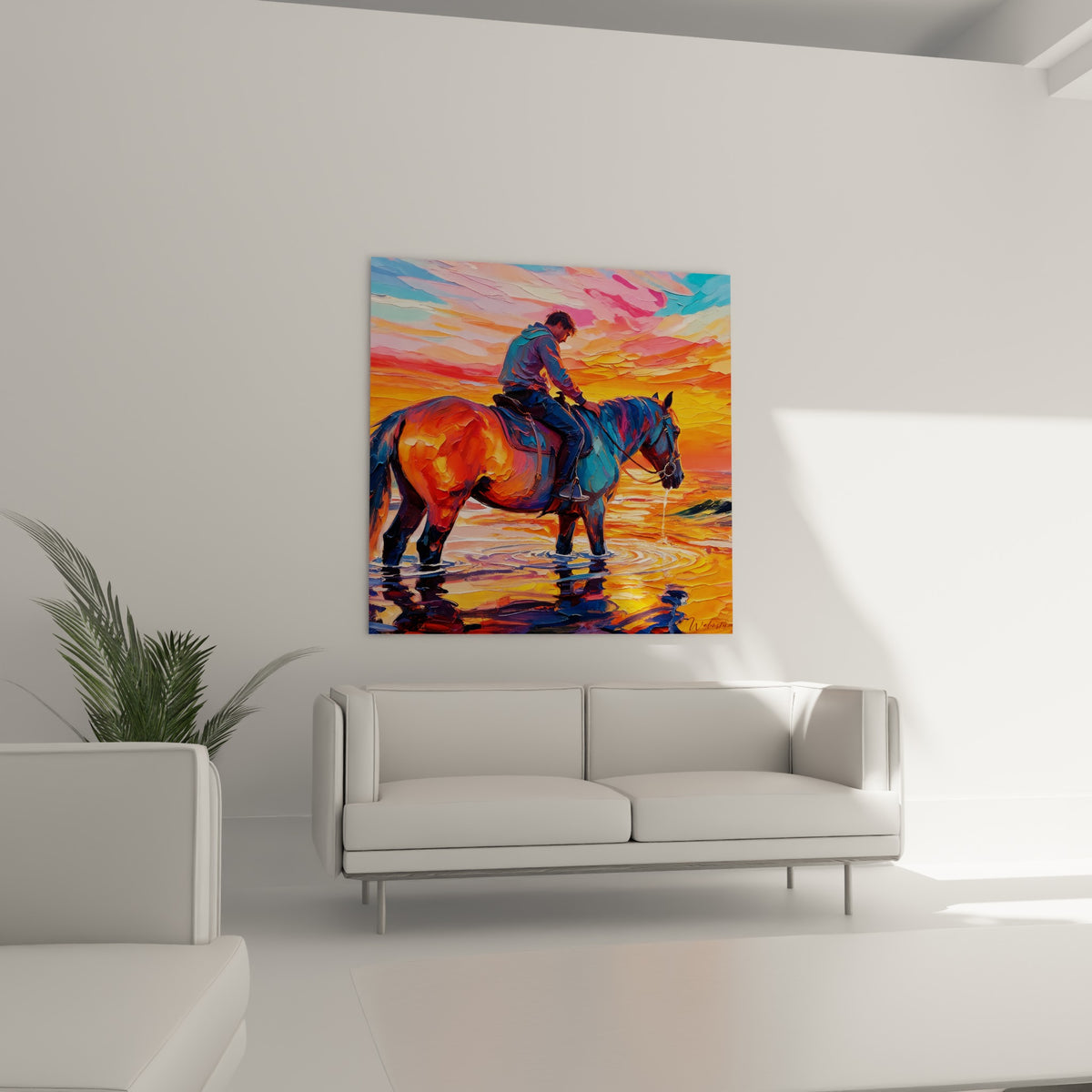 Cheval bai et cavalier bleu avançant dans l'eau turquoise, au-dessus d'un canapé dans un salon lumineux