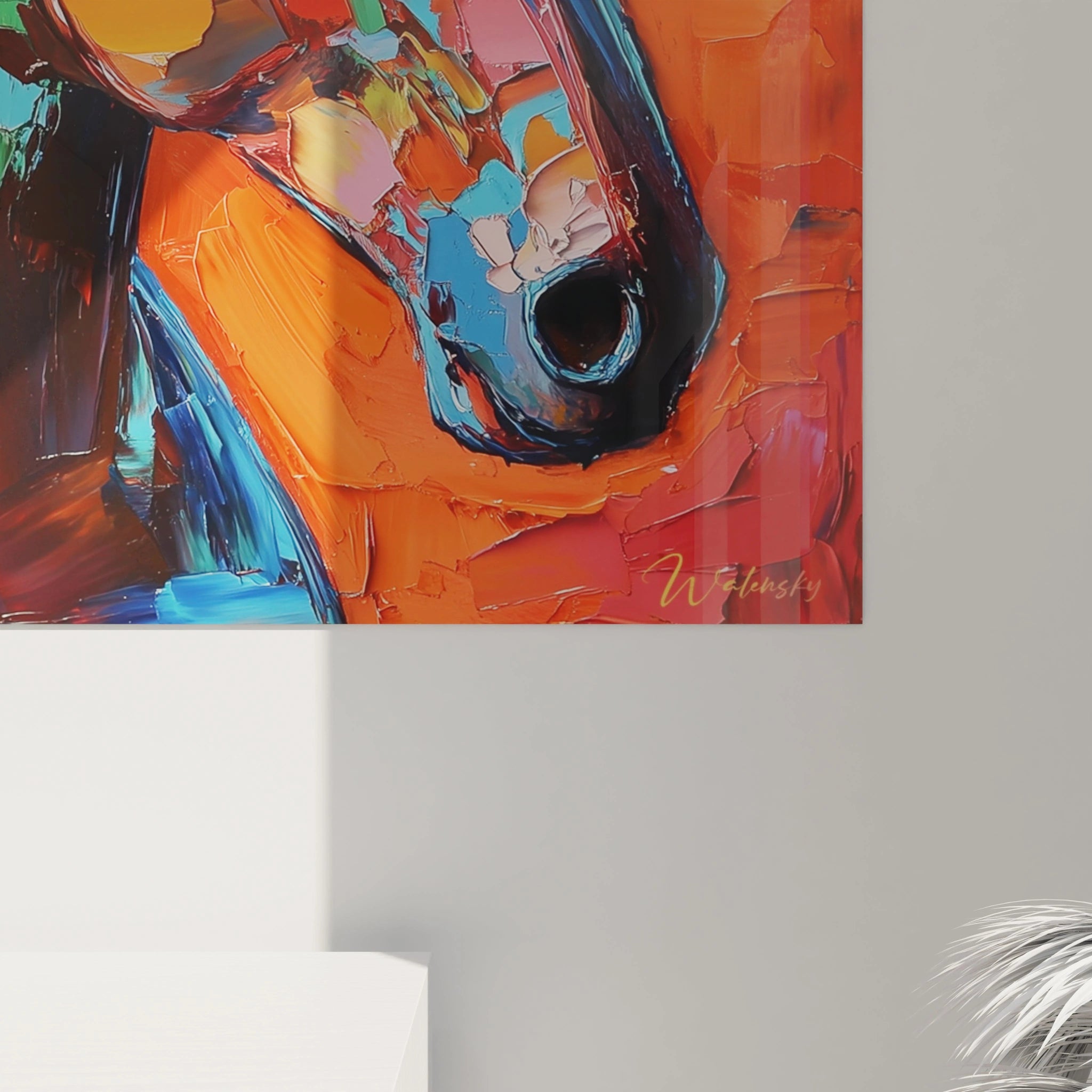 Tableau cheval coloré de Walensky avec des coups de pinceau vifs et expressifs sur fond orange