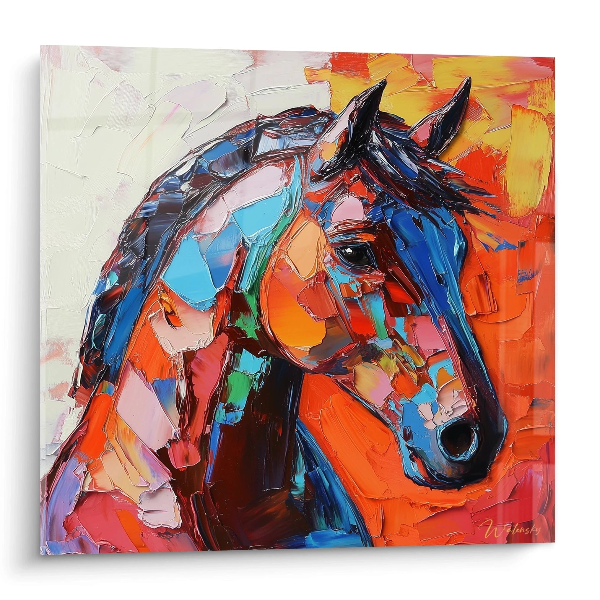 Tableau cheval Walensky en couleurs vives, représentant la tête d'un cheval en style abstrait