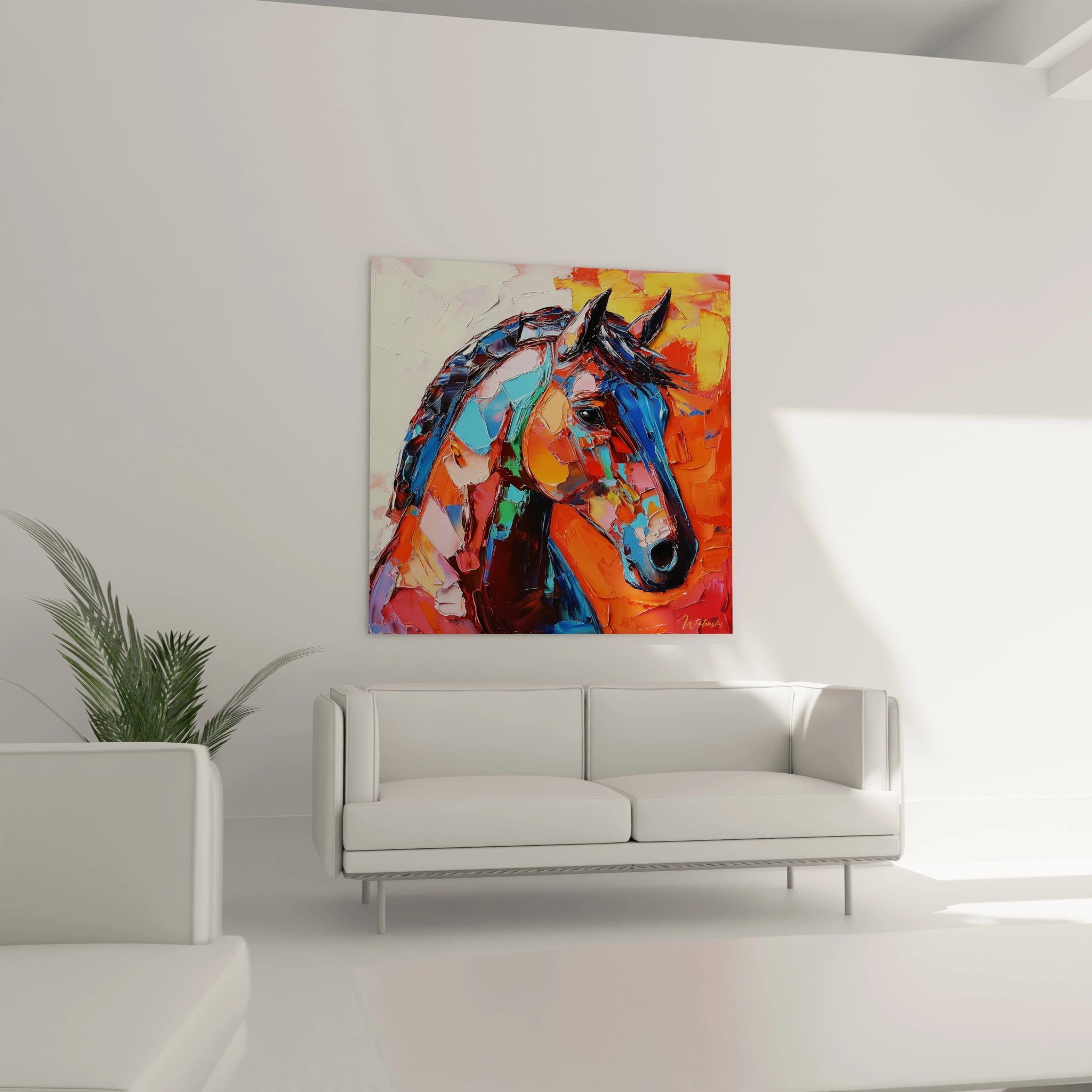 Tableau cheval Walensky en couleurs vives sur un mur moderne, ajoutant une touche artistique à l'intérieur