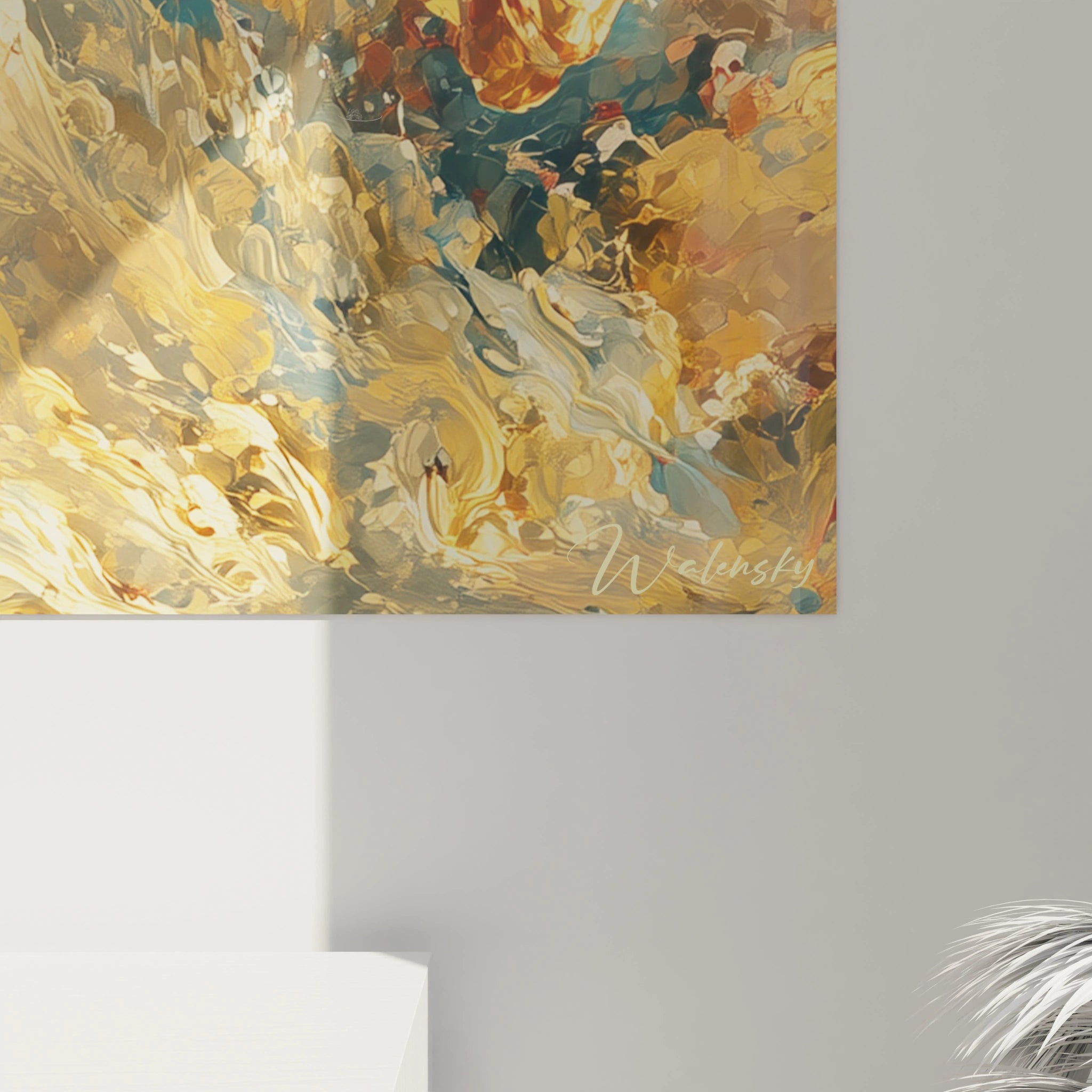 Tableau mural Walensky contemporain évoquant un tableau cheval baroque abstrait aux tons dorés pour salon