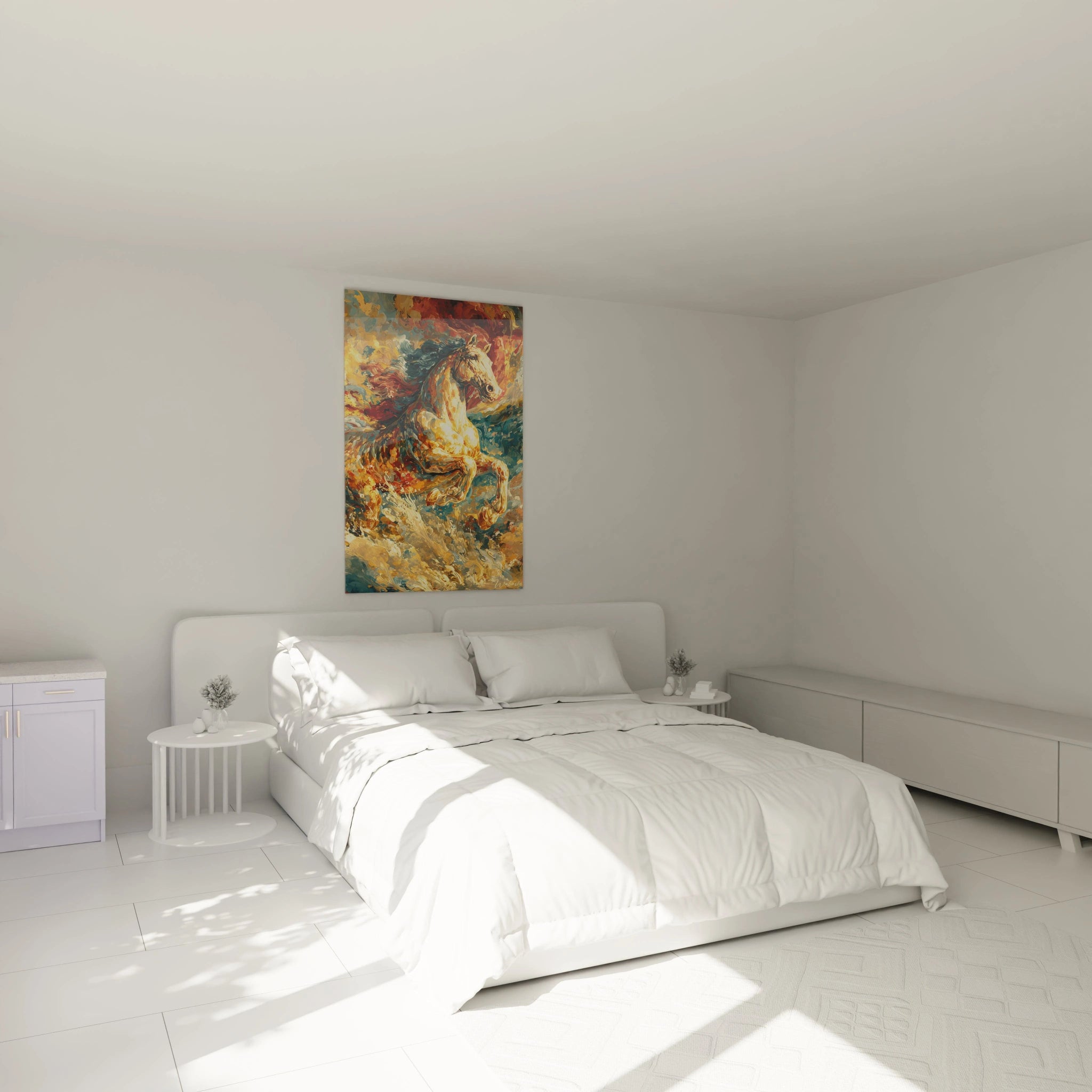 Tableau mural Walensky dans une chambre minimaliste montrant un tableau cheval baroque coloré au dessus du lit