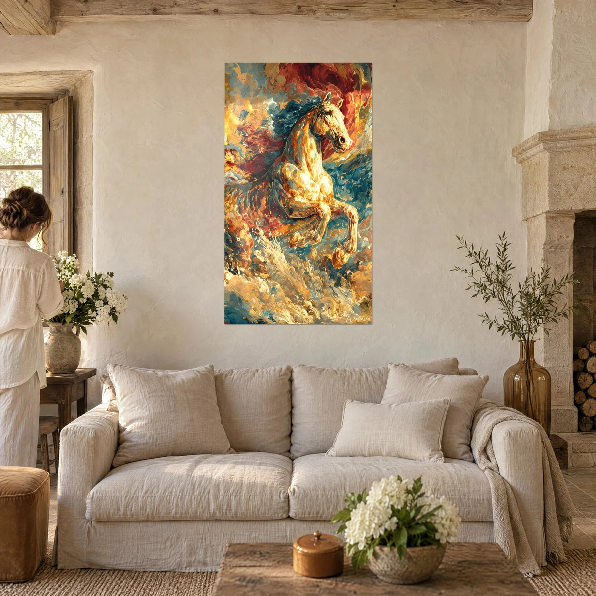 Quadro Stallone impennato dai fianchi oro ocra e criniera blu notte, sfondo rosso carminio, una donna di spalle sopra un divano in un soggiorno luminoso