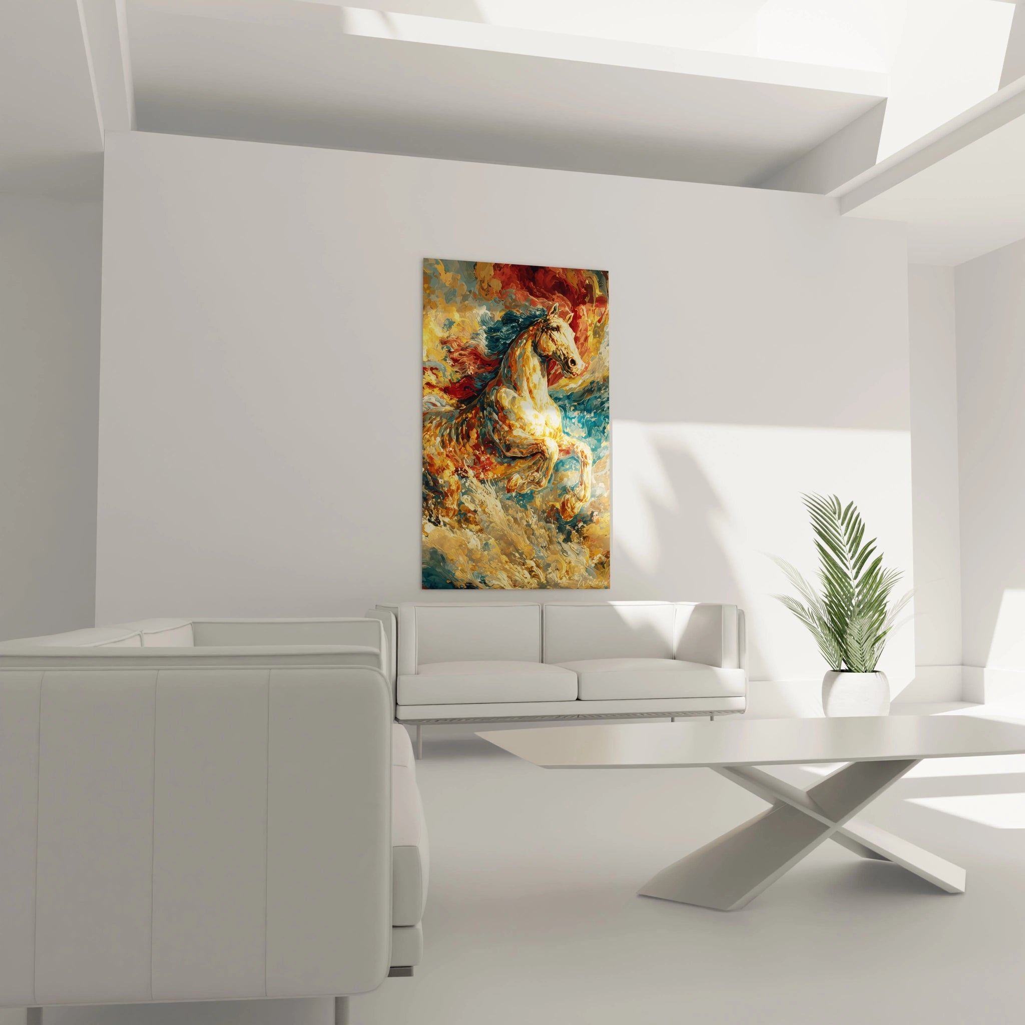 Tableau mural Walensky représentant un tableau cheval baroque coloré accroché au dessus du canapé blanc dans un salon moderne