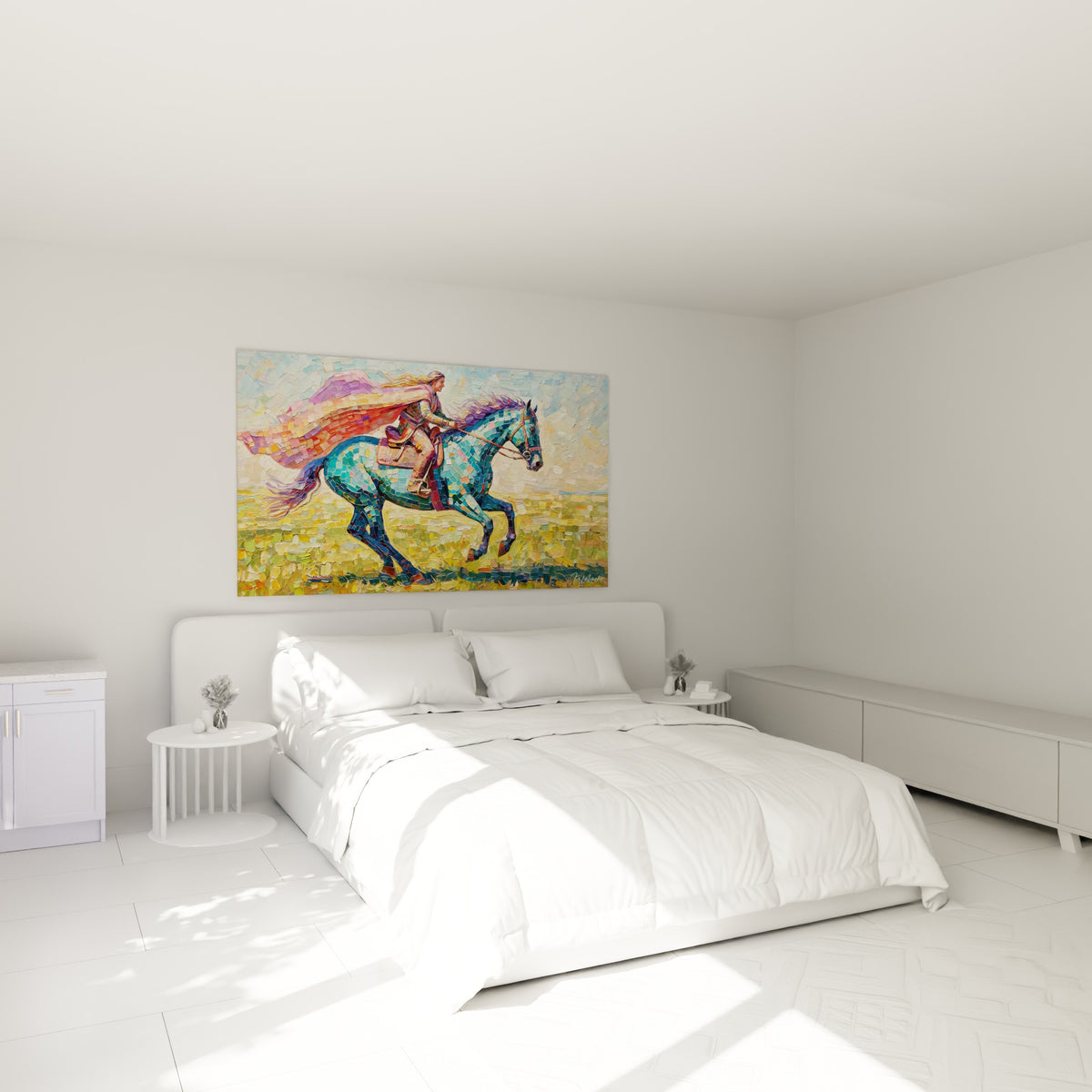 Chevauchée dynamique en turquoise et rose, cheval accroché au-dessus d'un lit dans une chambre claire