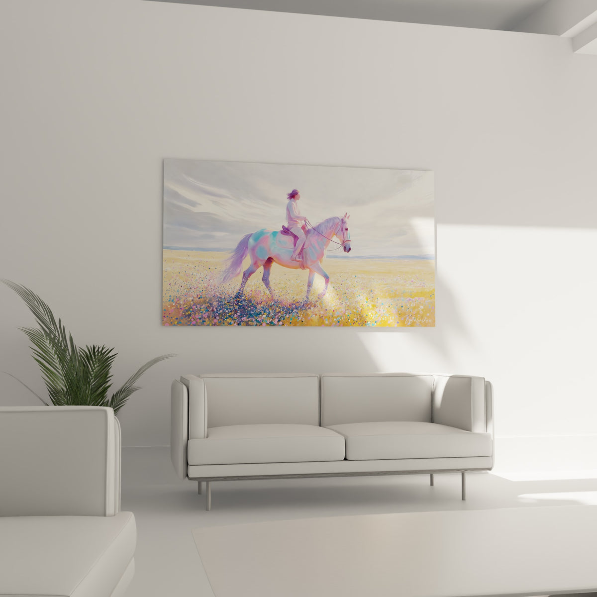 Cavalier avançant sur un cheval irisé rose et turquoise, au-dessus d'un canapé dans un salon lumineux