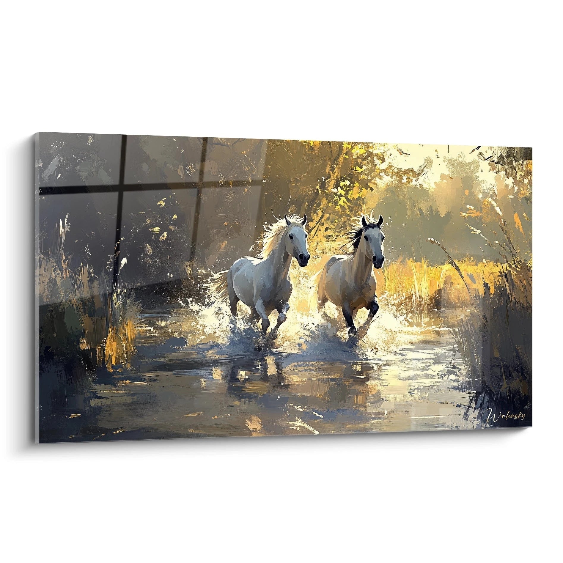 Tableau cheval Walensky représentant deux chevaux blancs courant dans l'eau au crépuscule