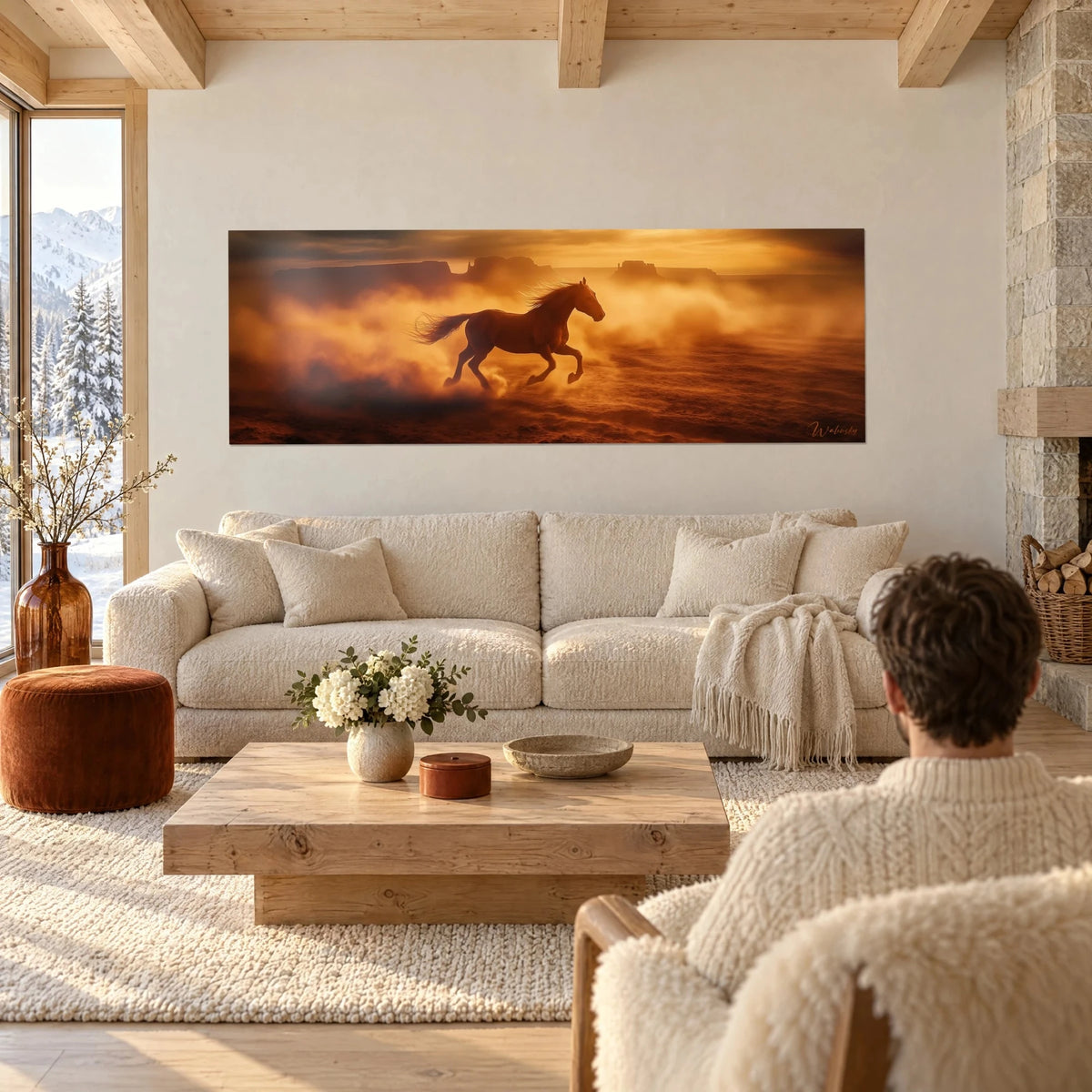 Quadro Cavallo da corsa sauro lanciato al galoppo in una nuvola di polvere ocra e oro, mesas in lontananza, sopra un divano in un soggiorno luminoso