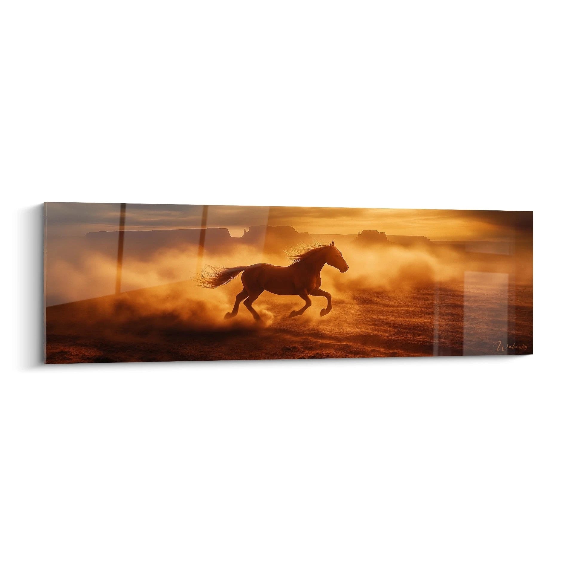 Tableau cheval Walensky représentant un cheval courant dans un paysage doré au coucher du soleil
