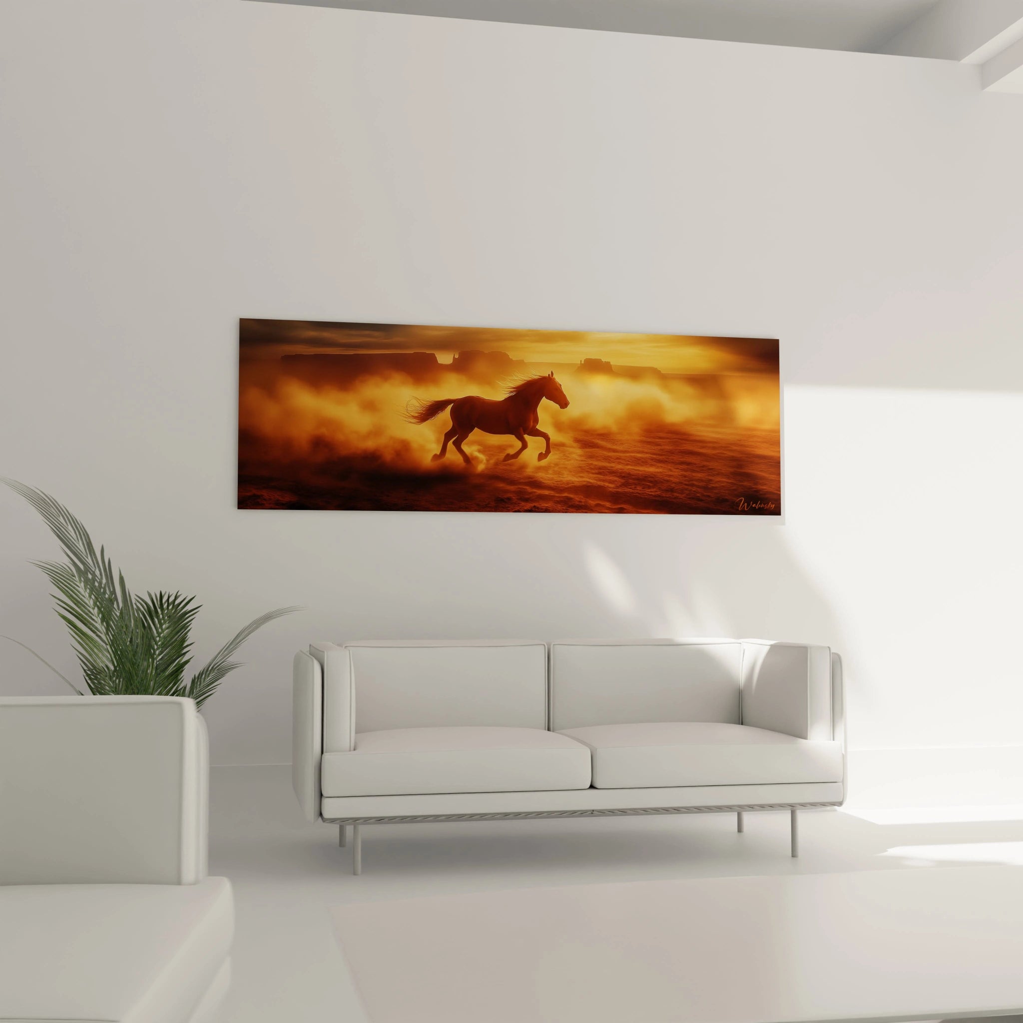 Tableau cheval Walensky représentant un cheval galopant dans une ambiance dorée