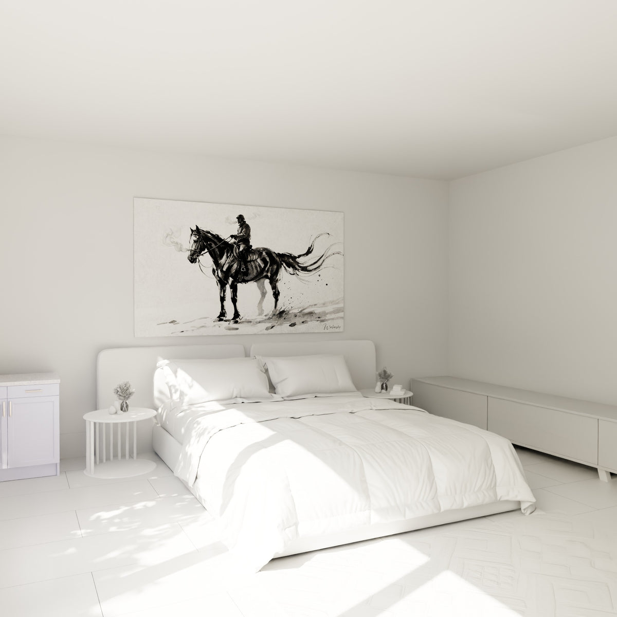 Cavalier immobile sur cheval charbonneux à crinière tourbillonnante, accroché au-dessus d'un lit dans une chambre claire