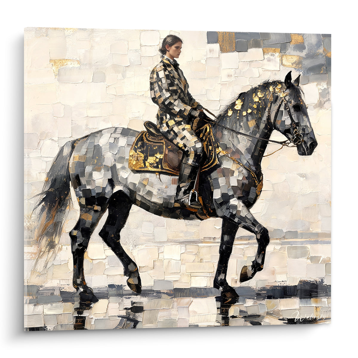 Cheval noir aux éclats dorés porté par une cavalière élégante, technique mosaïque texturée sur fond beige clair