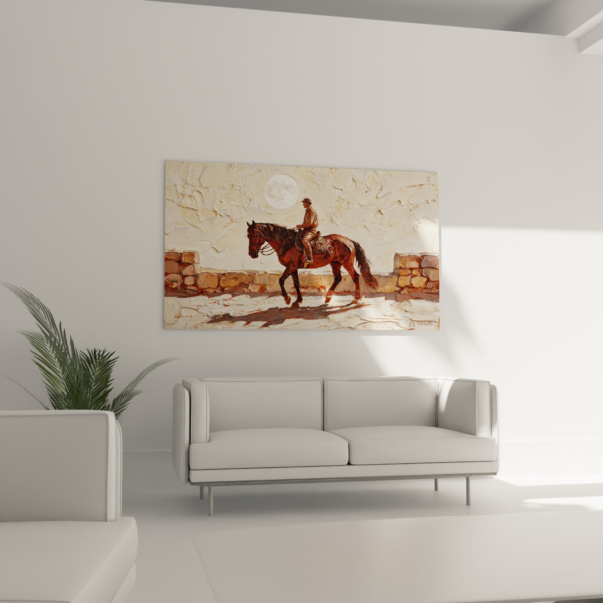 Cheval terracotta au pas sous une lune ivoire, au-dessus d'un canapé dans un salon lumineux