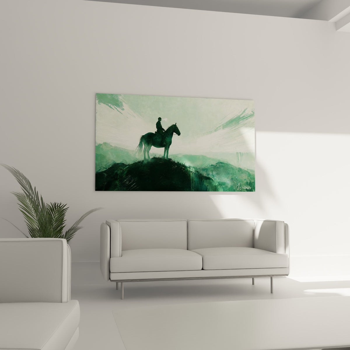 Silhouette du cavalier et sa monture sur colline brumeuse verte, au-dessus d'un canapé dans un salon lumineux