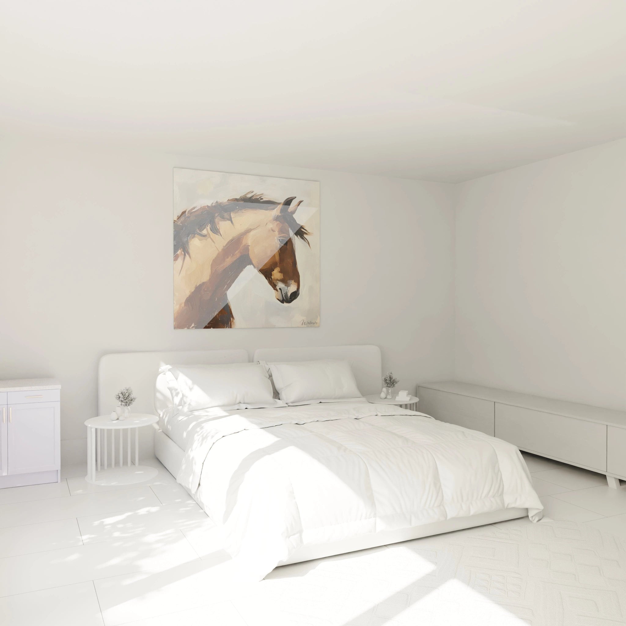 Tableau cheval Walensky dans une chambre lumineuse avec lit blanc et décor minimaliste