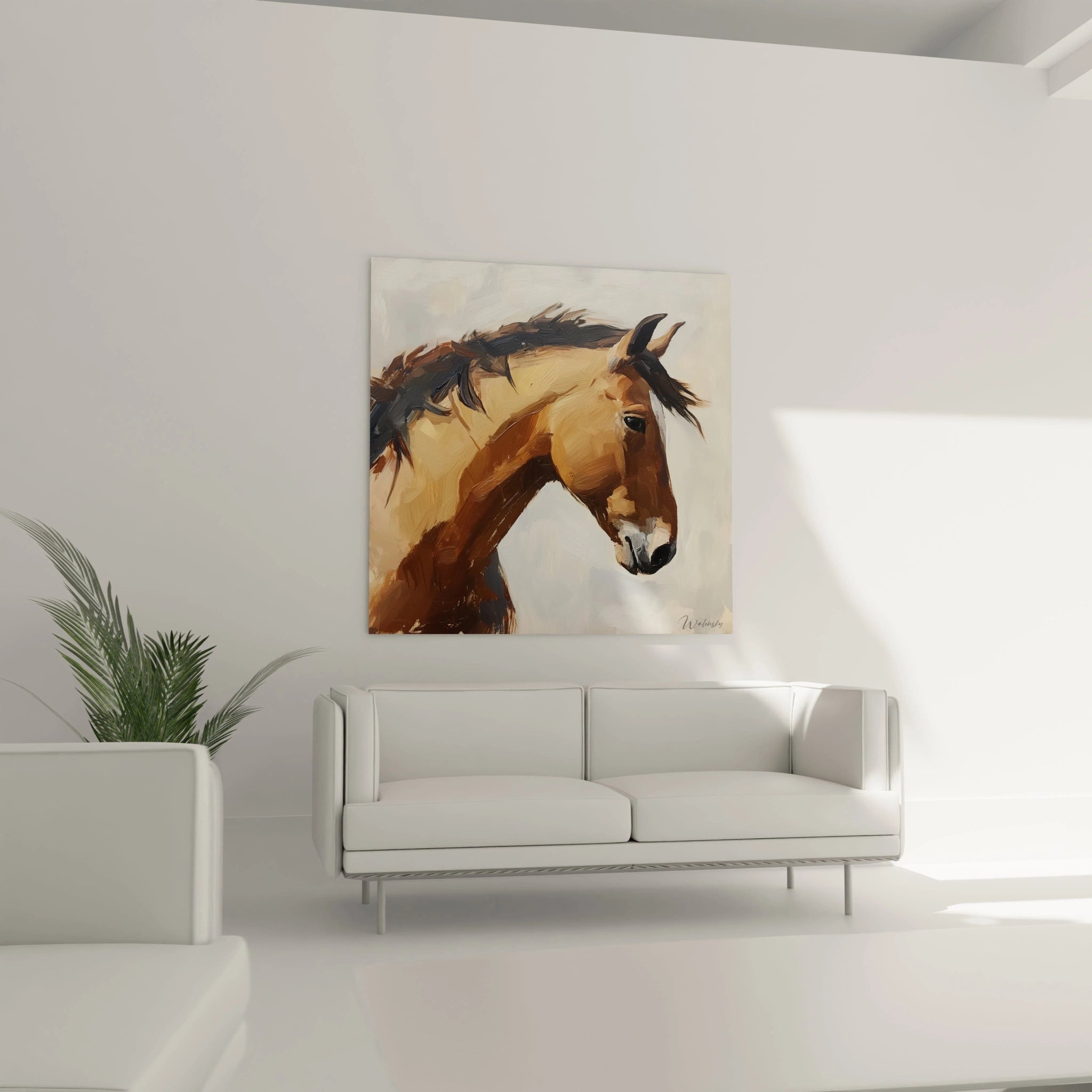 Tableau Walensky représentant la tête d'un cheval dans des tons terreux, parfait pour la décoration intérieure