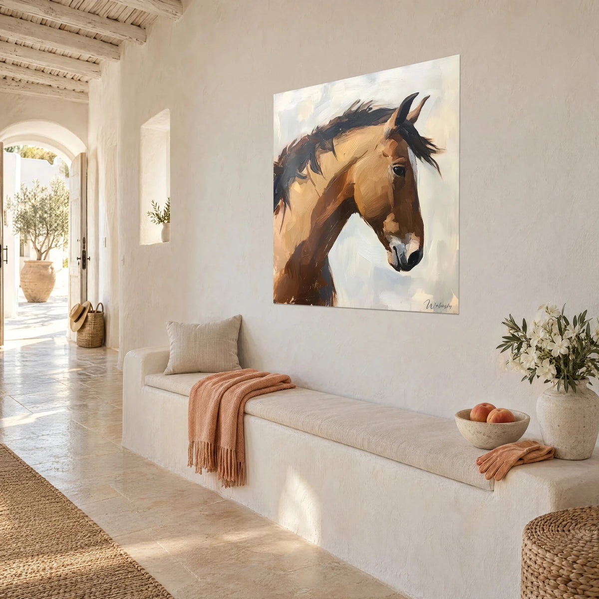Quadro ritratto equino in toni sabbia e mogano, sfondo grigio perla, appeso a una parete di calce accanto a una panca di pietra